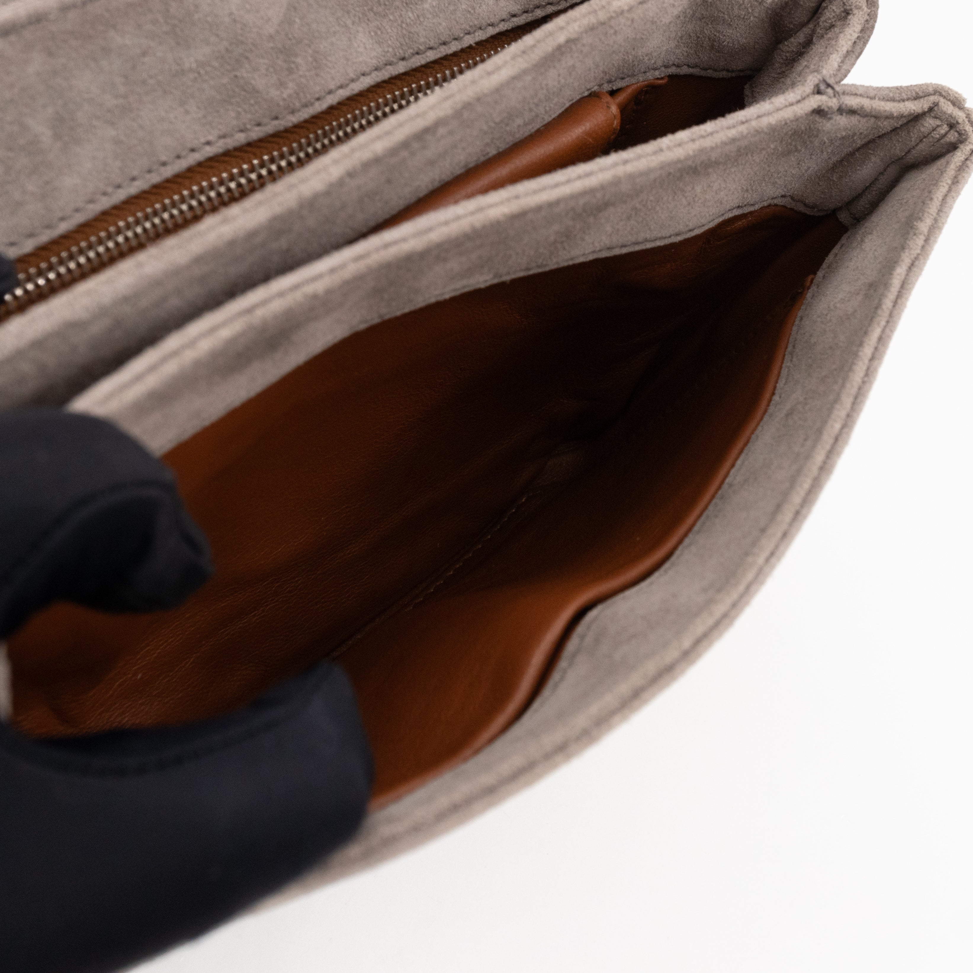 Chain Flap Shoulder Bag Grey Suede