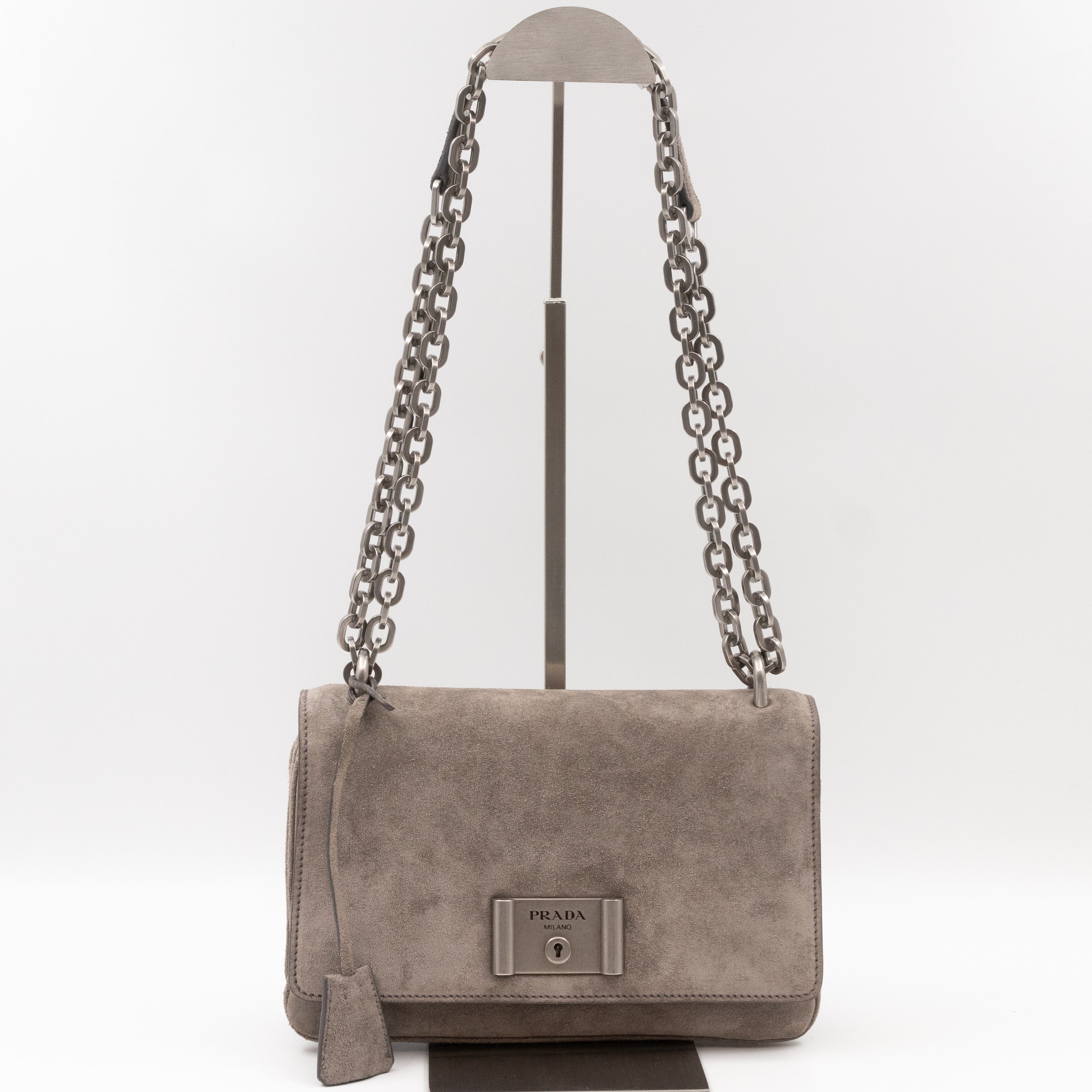 Chain Flap Shoulder Bag Grey Suede