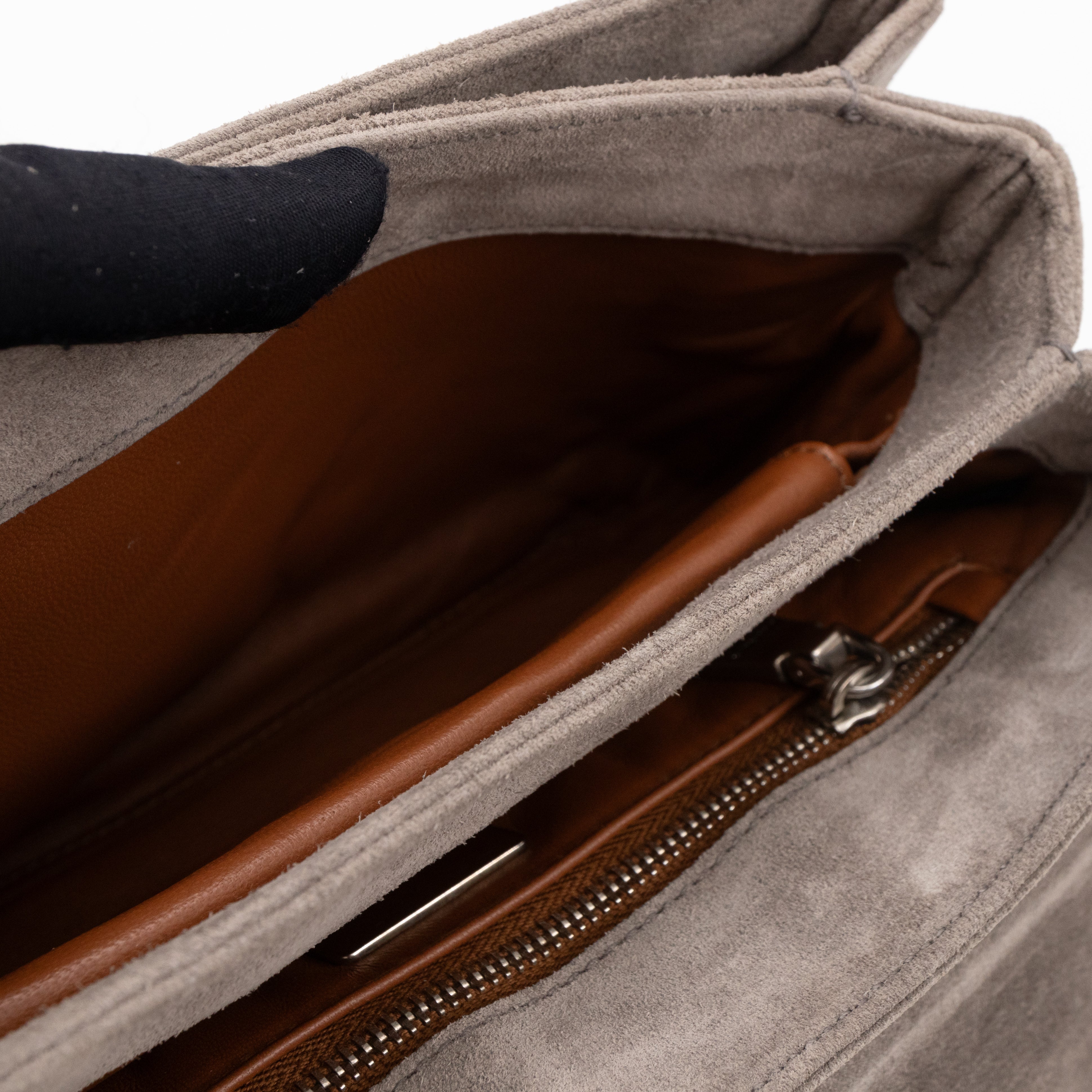 Chain Flap Shoulder Bag Grey Suede