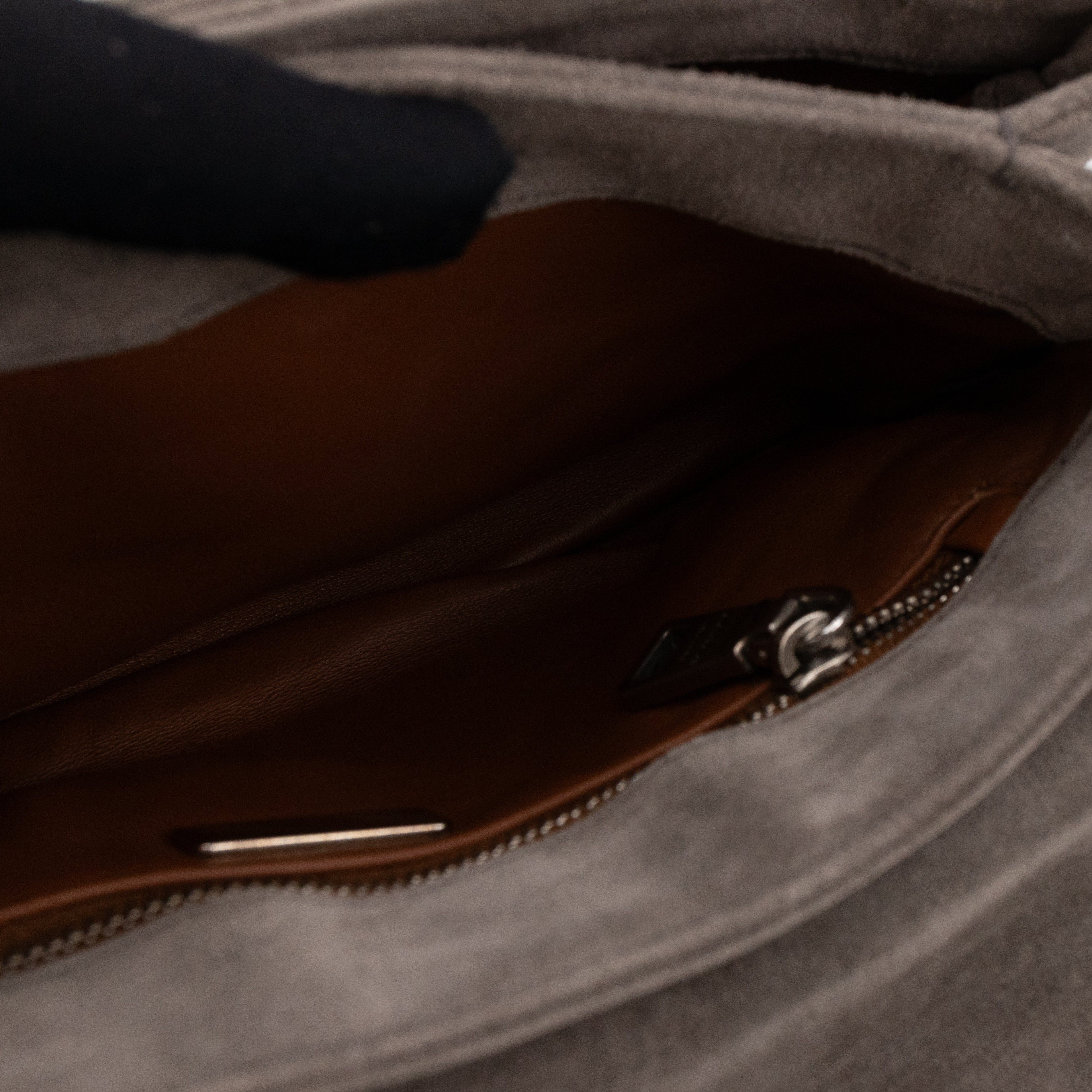 Chain Flap Shoulder Bag Grey Suede