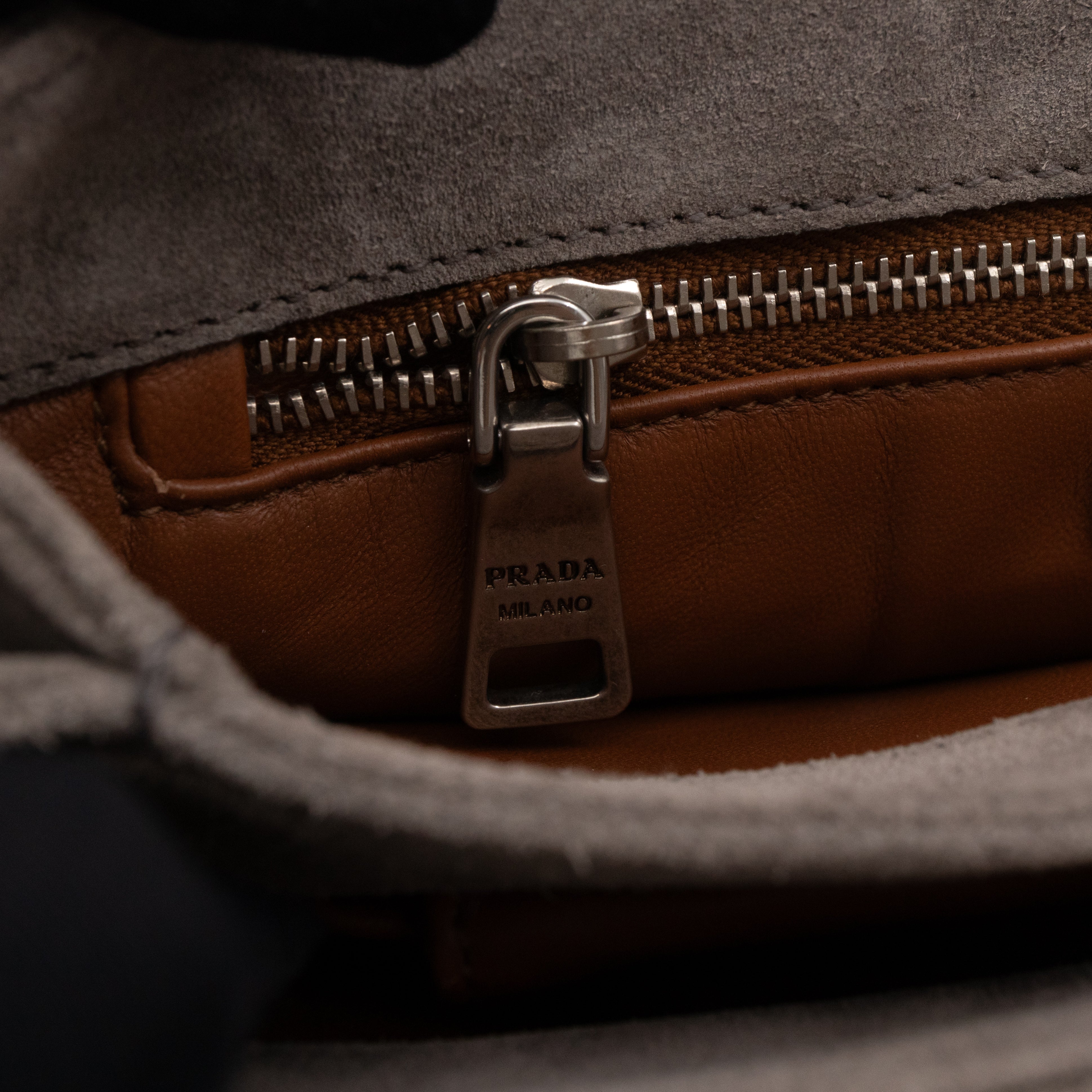 Chain Flap Shoulder Bag Grey Suede