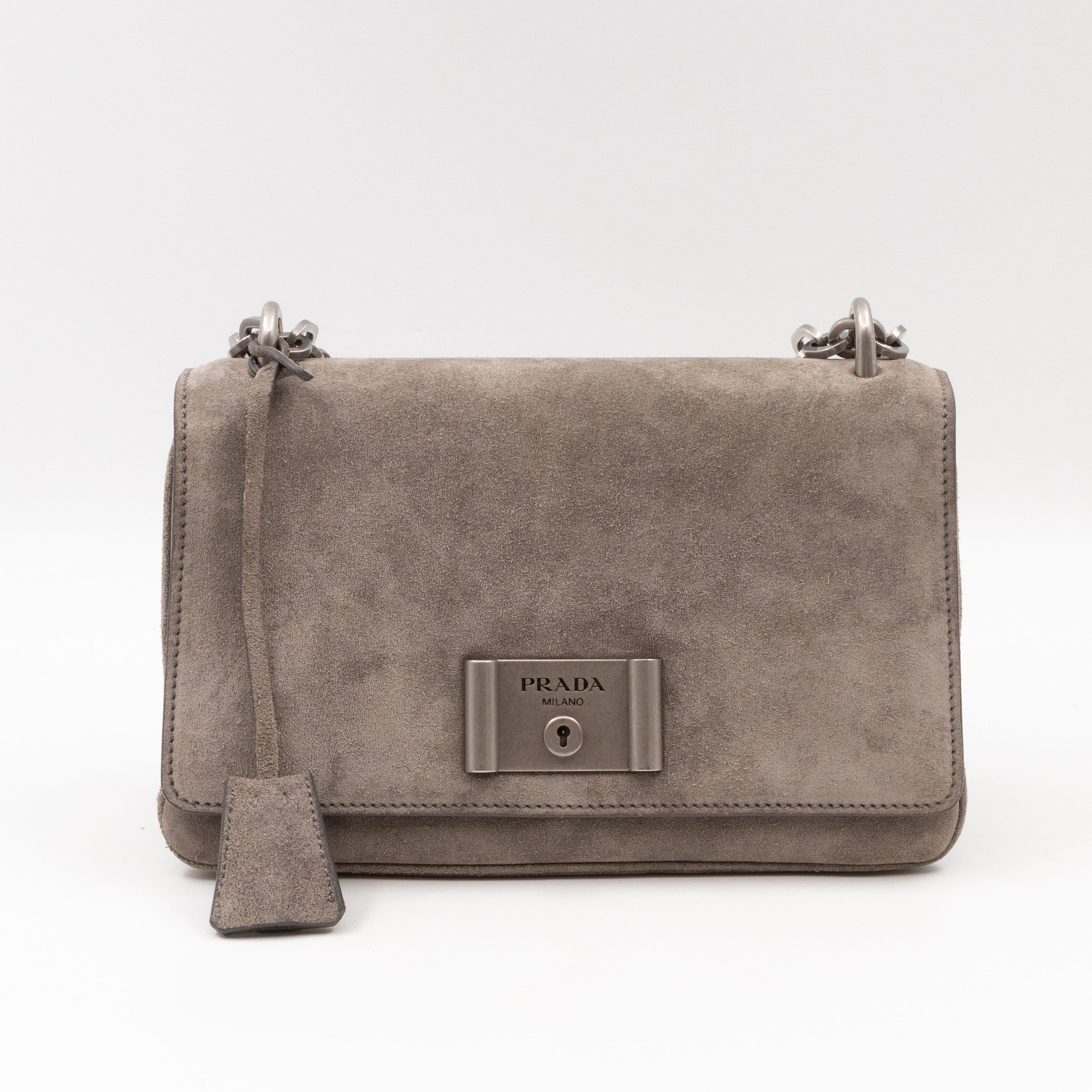 Chain Flap Shoulder Bag Grey Suede