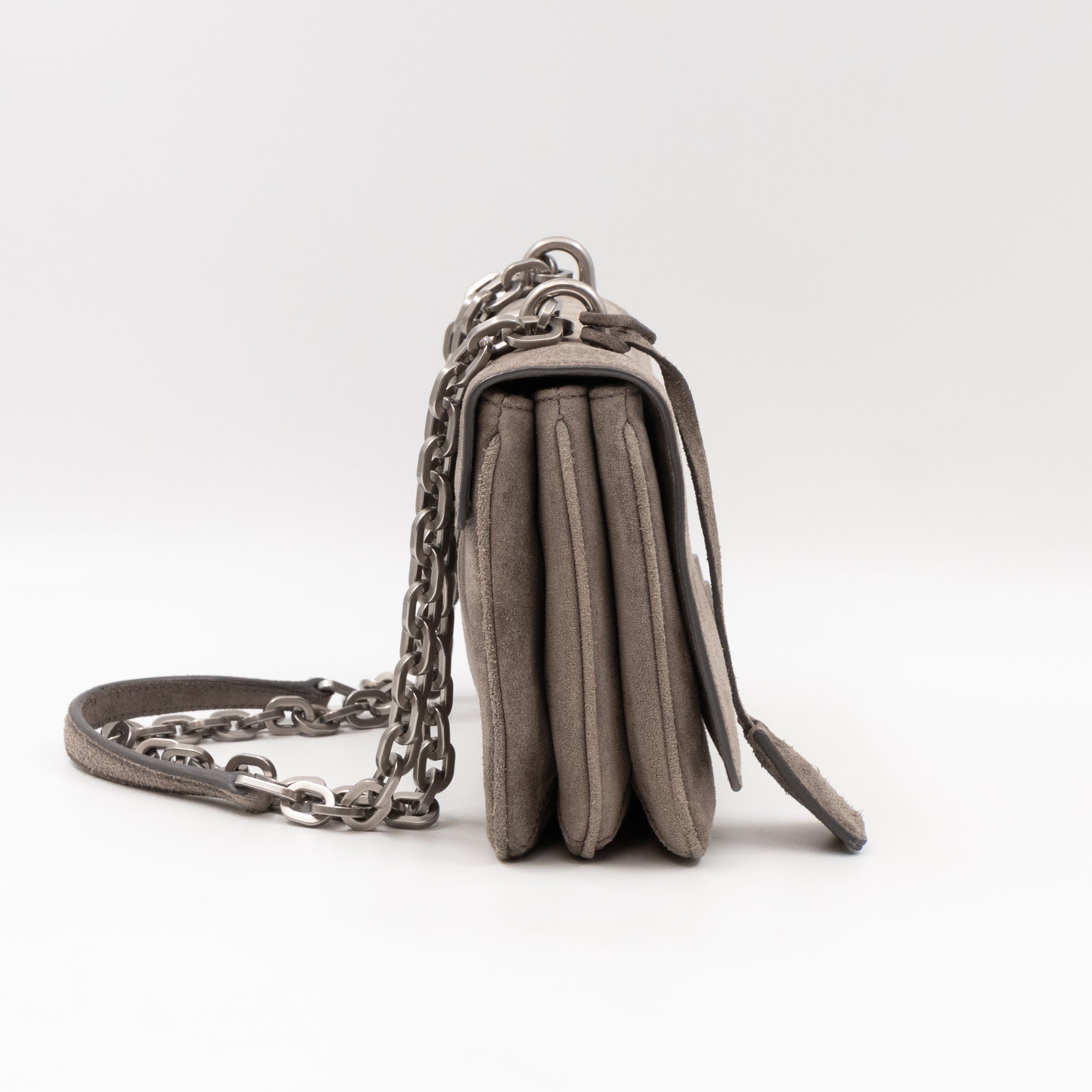 Chain Flap Shoulder Bag Grey Suede