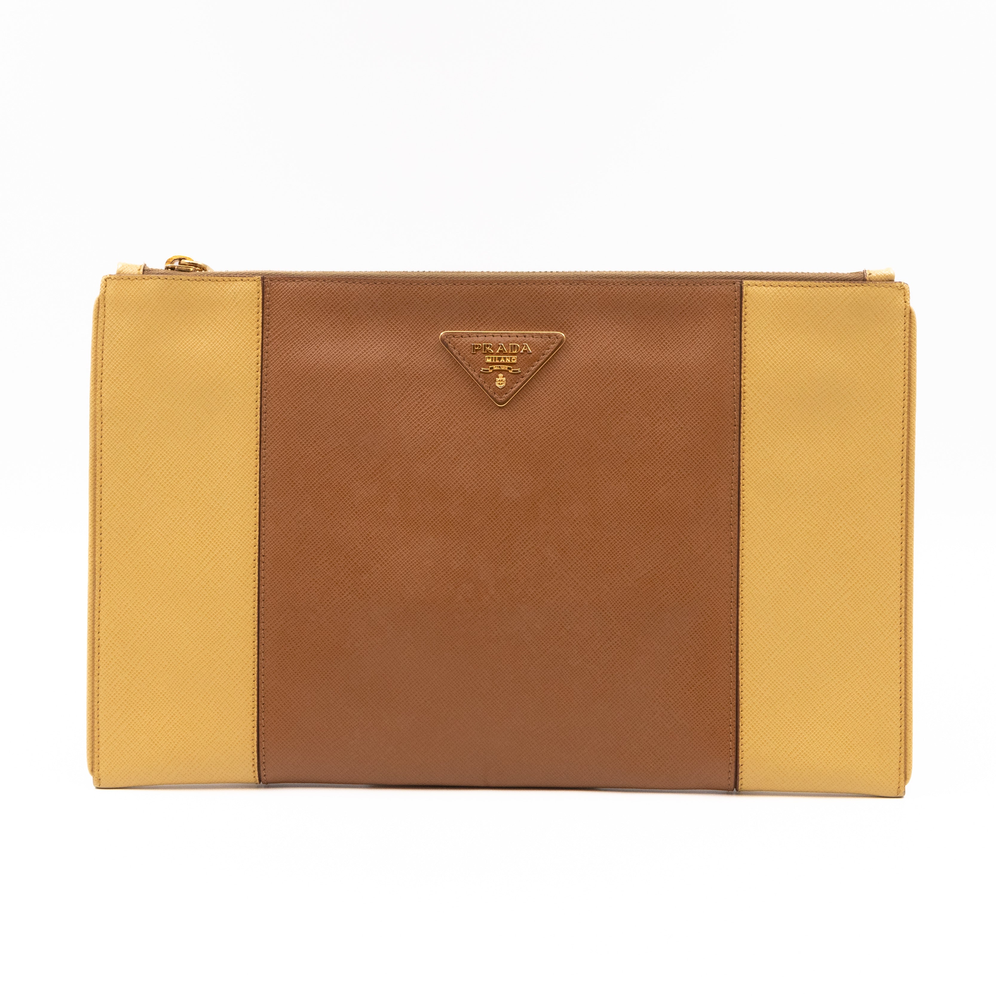Zip Clutch Yellow and Brown Saffiano Leather