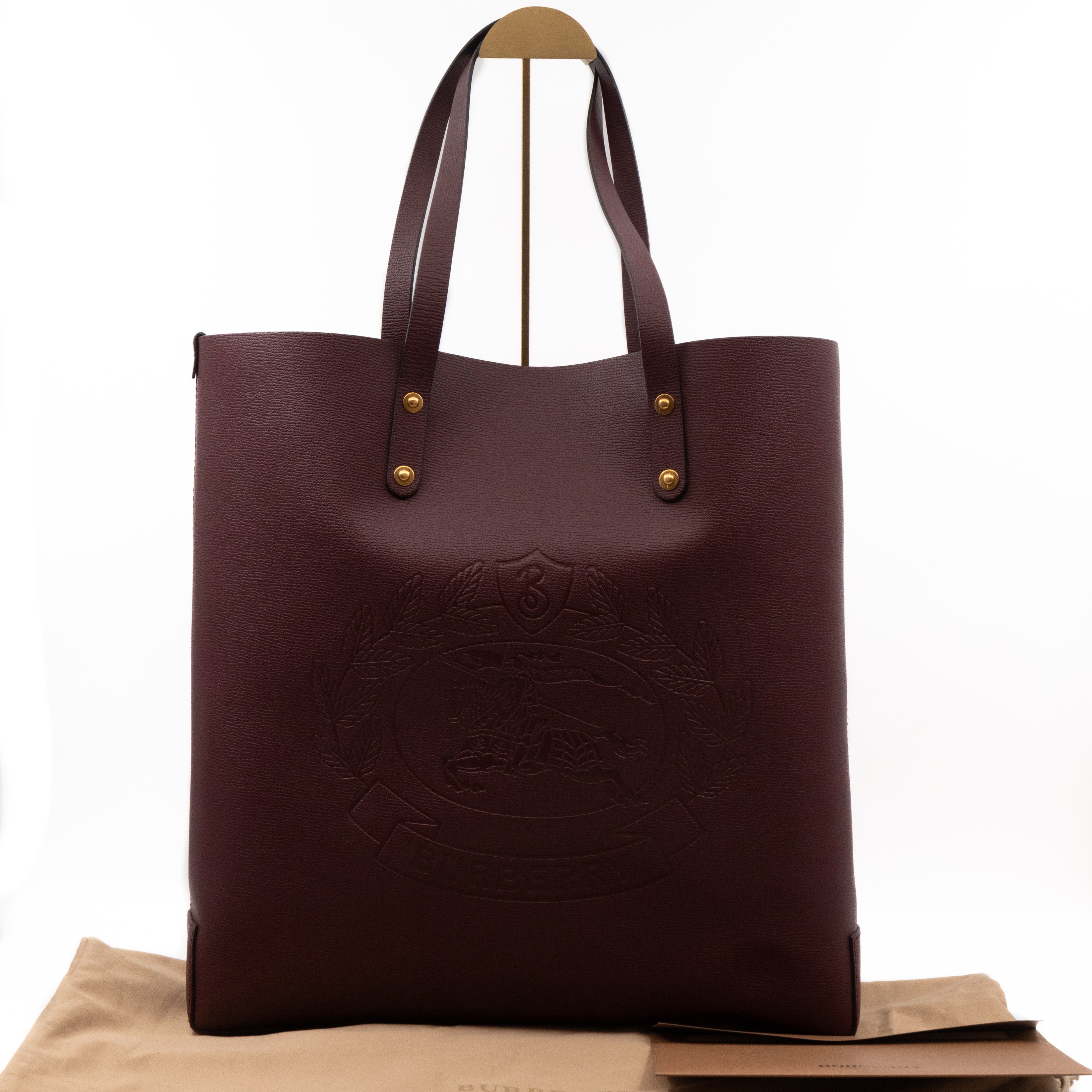 Large Embossed Crest Tote Burgundy Leather & House Check