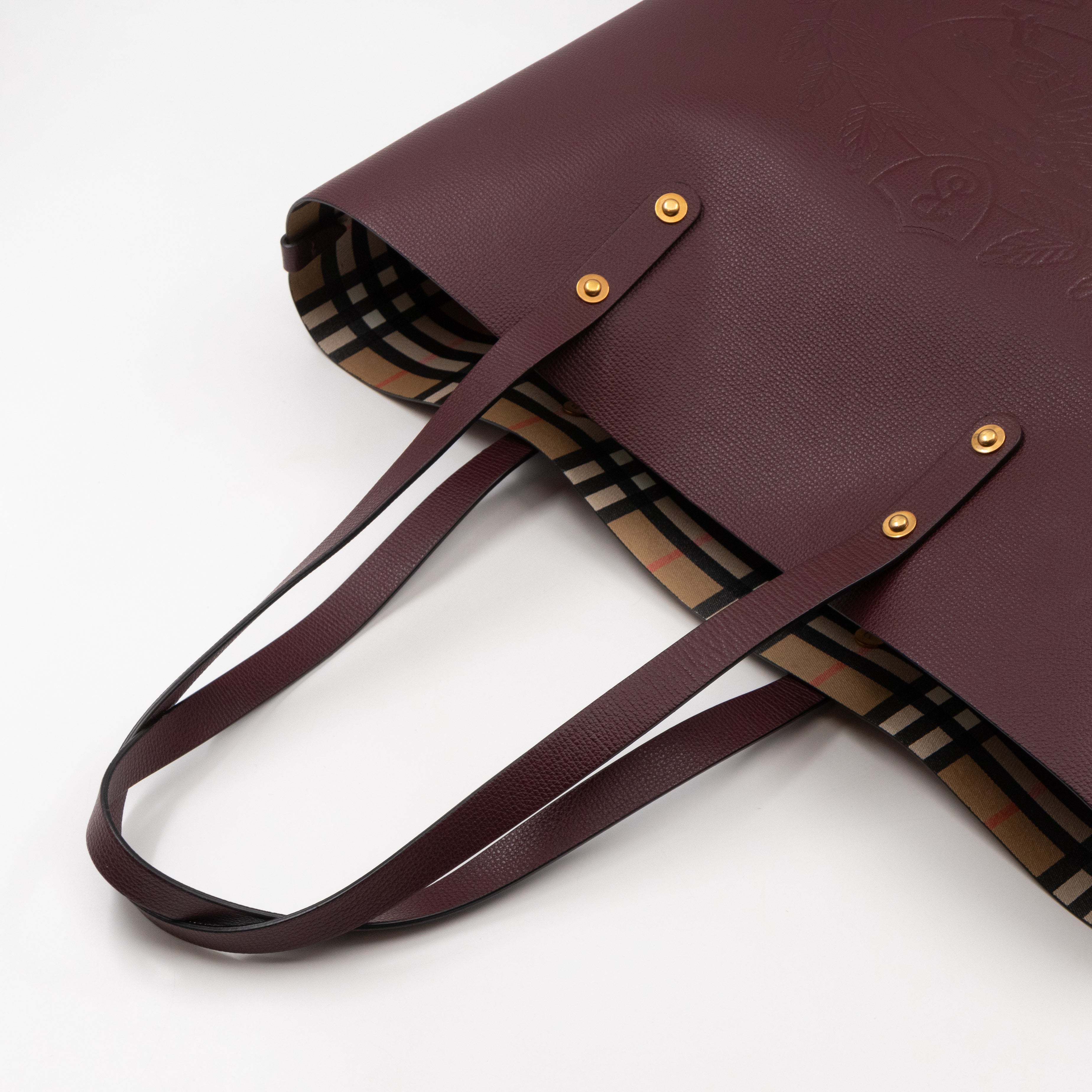 Large Embossed Crest Tote Burgundy Leather & House Check