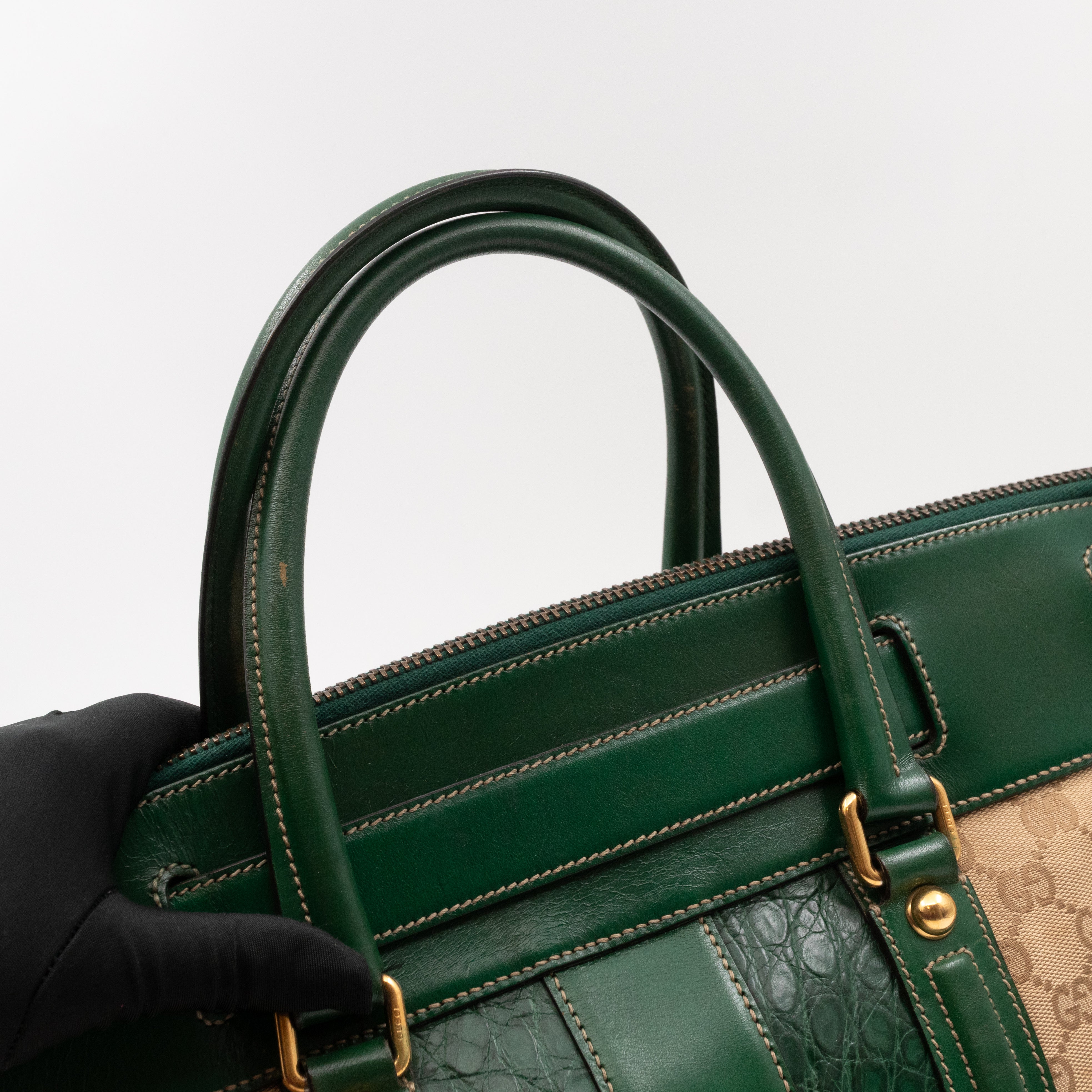 Secret Satchel Bag GG Canvas Green Crocodile Web Leather