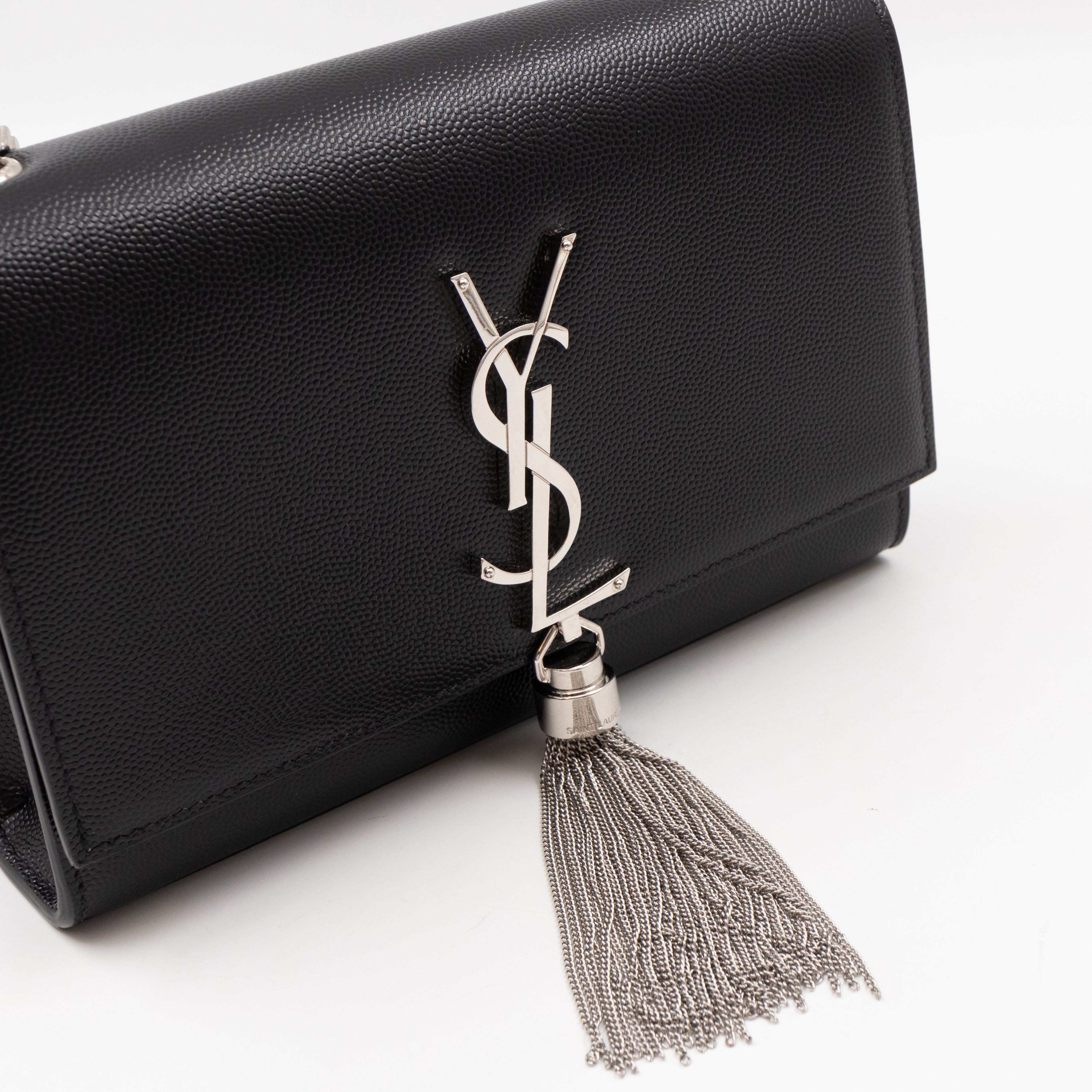 Kate Small Tassel Grained Leather Black and Silver