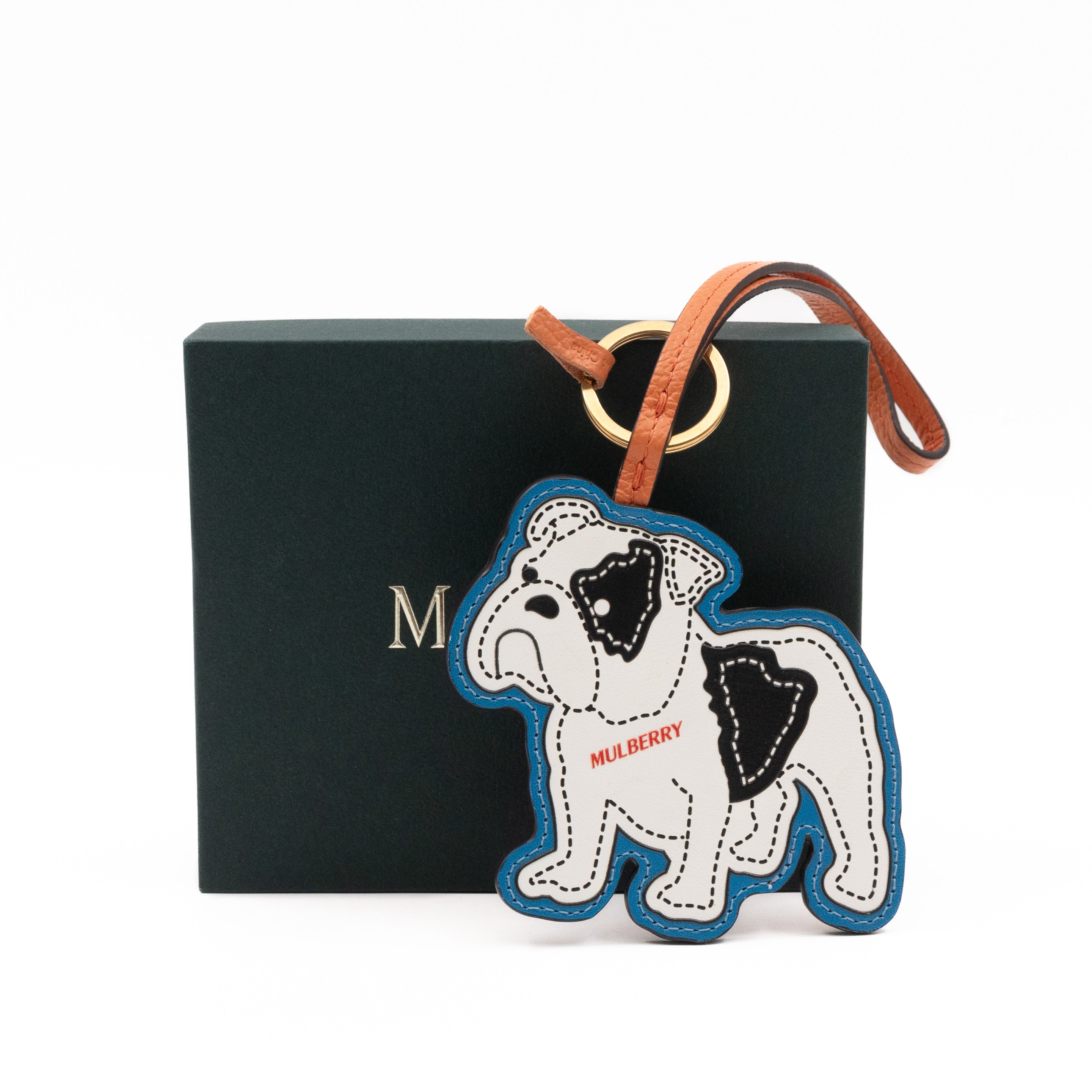 Bulldog Keyring Blue & White Leather
