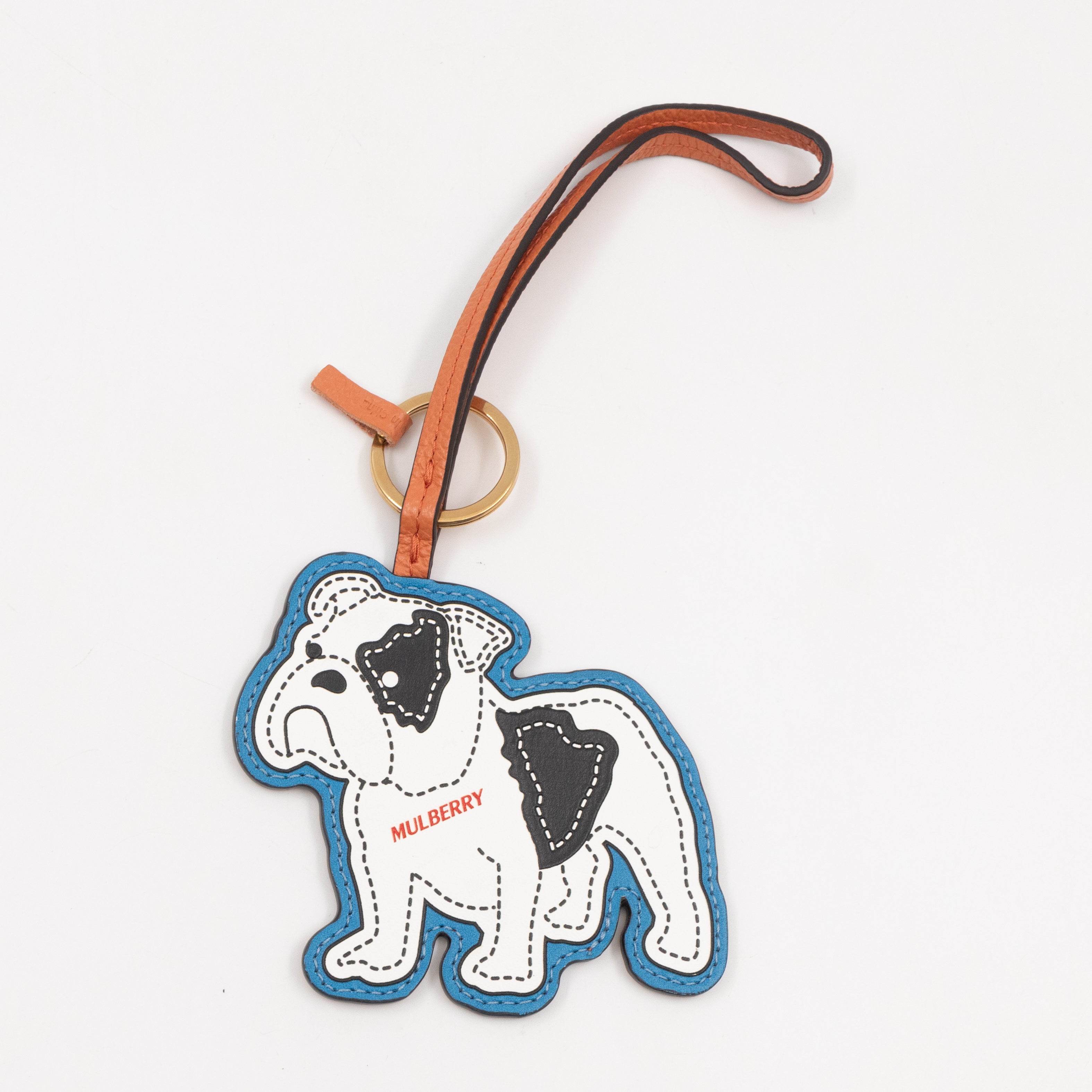 Bulldog Keyring Blue & White Leather