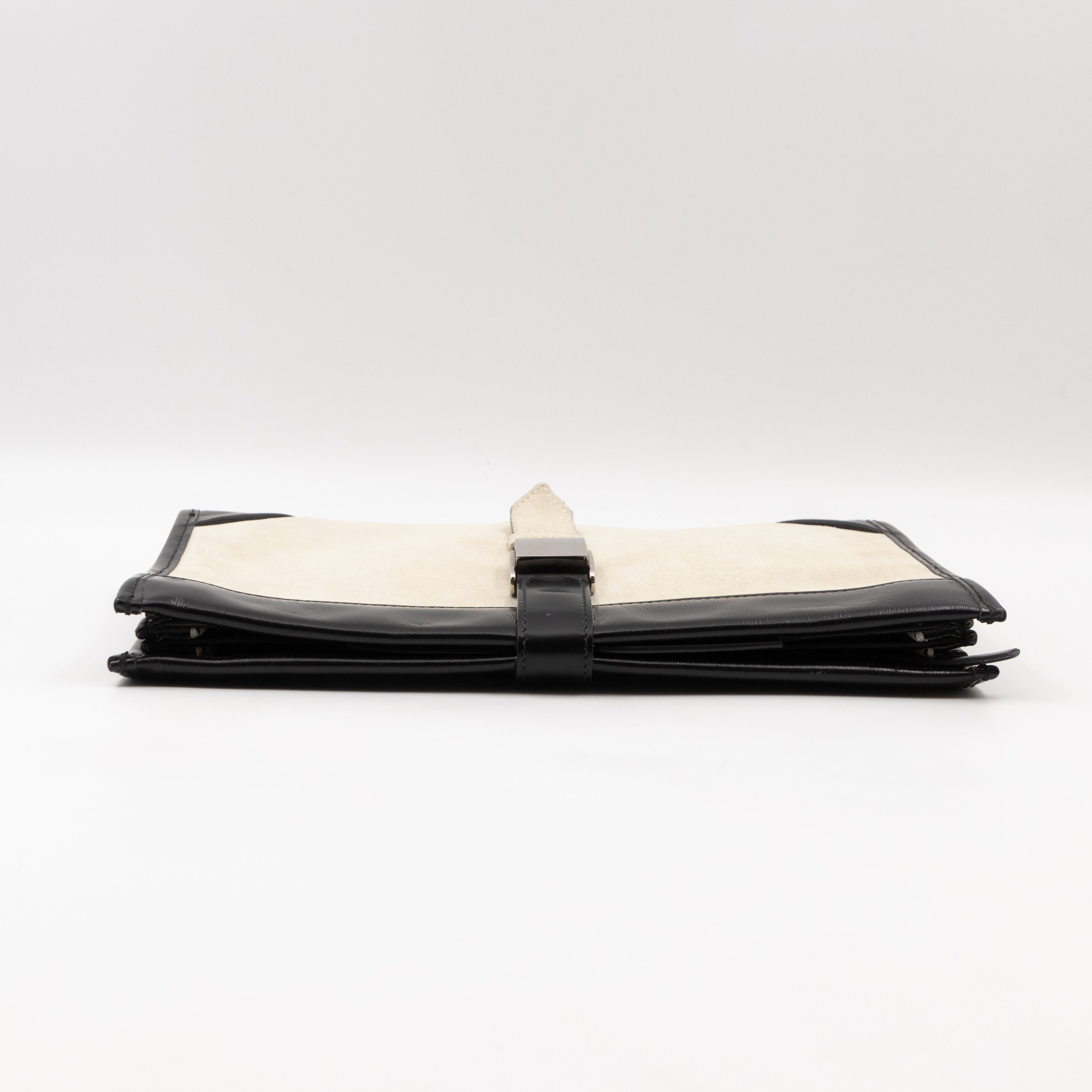 White Suede Clutch Black Leather Trim