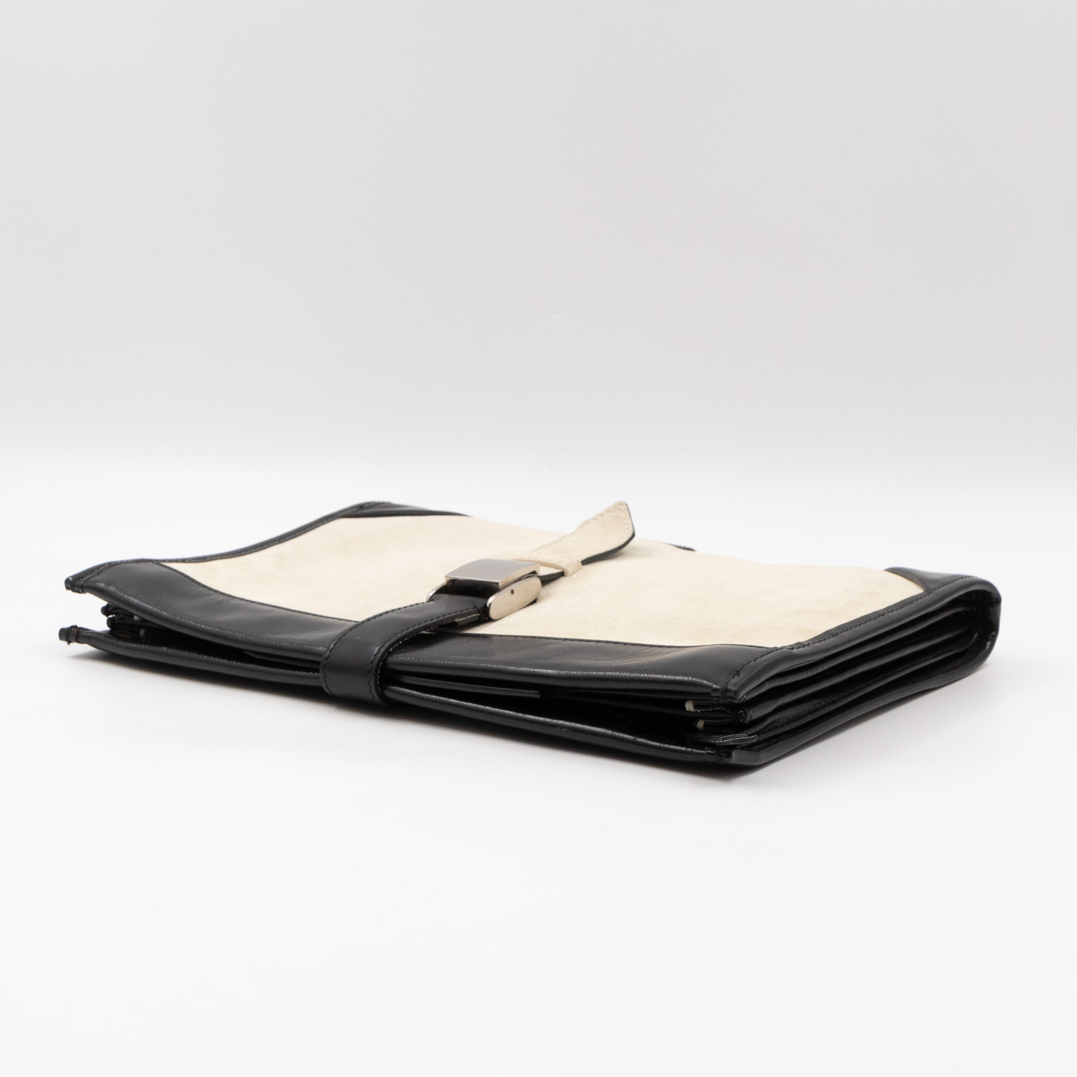 White Suede Clutch Black Leather Trim