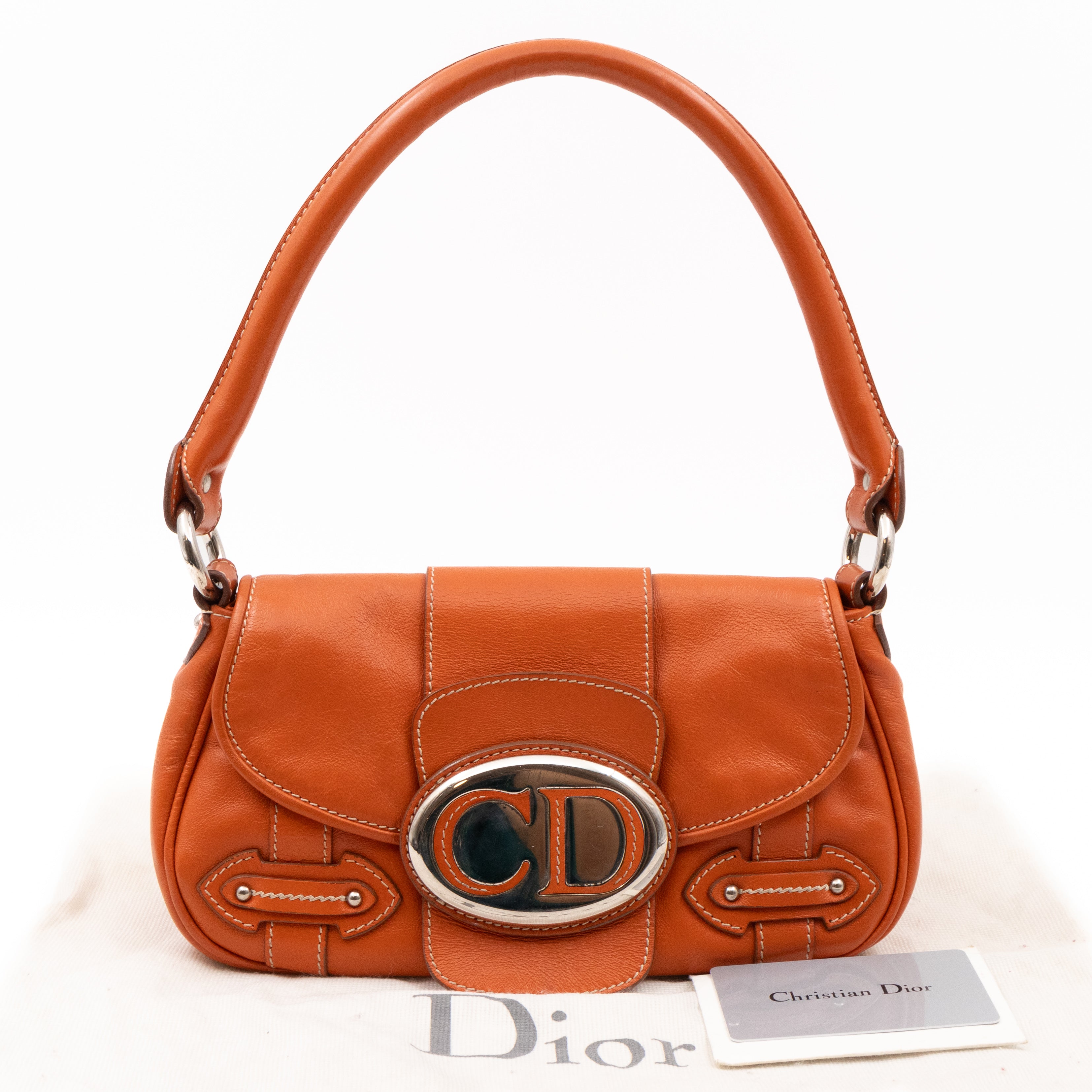 Vintage CD Logo Plaque Handbag Orange Leather
