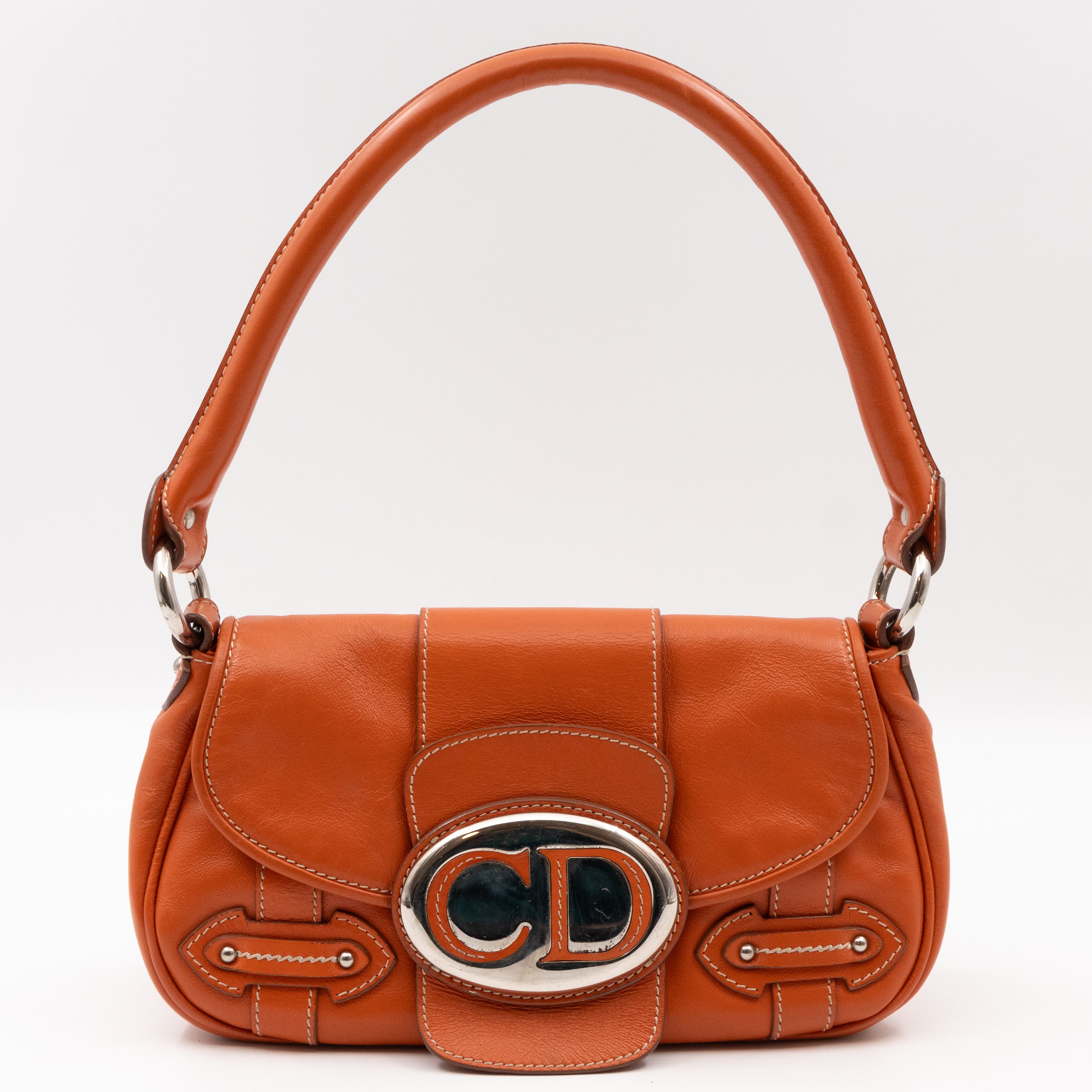 Vintage CD Logo Plaque Handbag Orange Leather