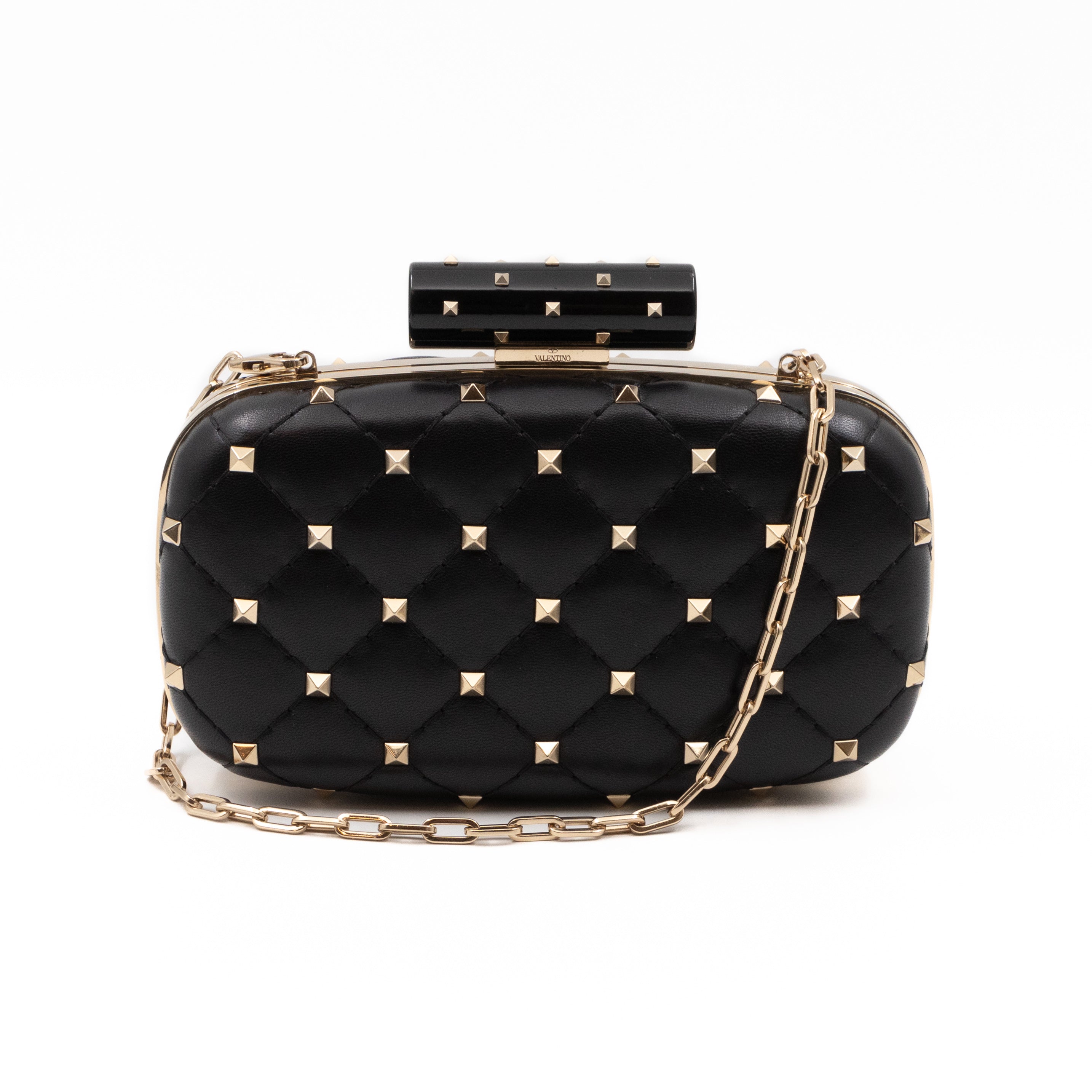 Rockstud Spike Minaudiere Chain Clutch Black Leather