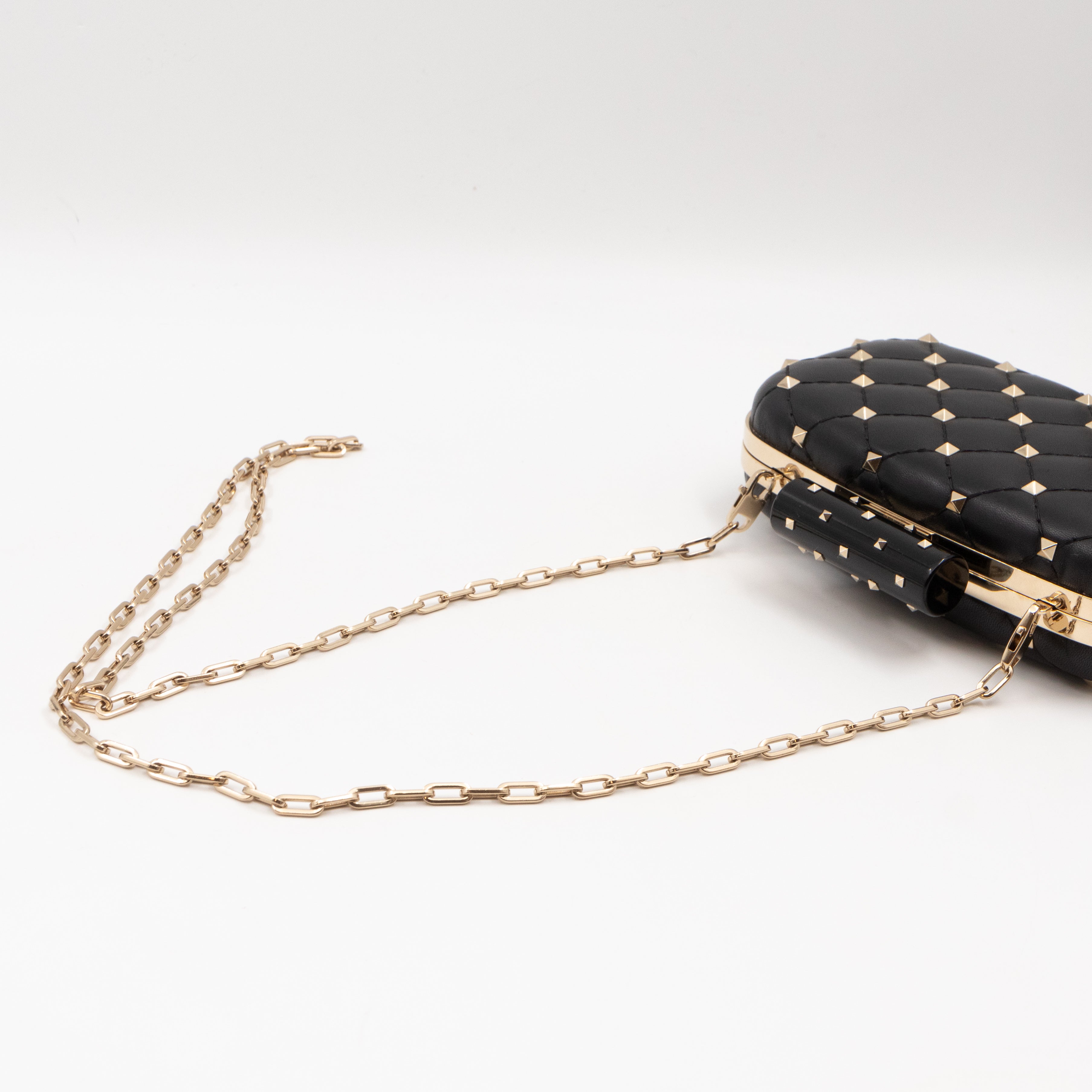 Rockstud Spike Minaudiere Chain Clutch Black Leather