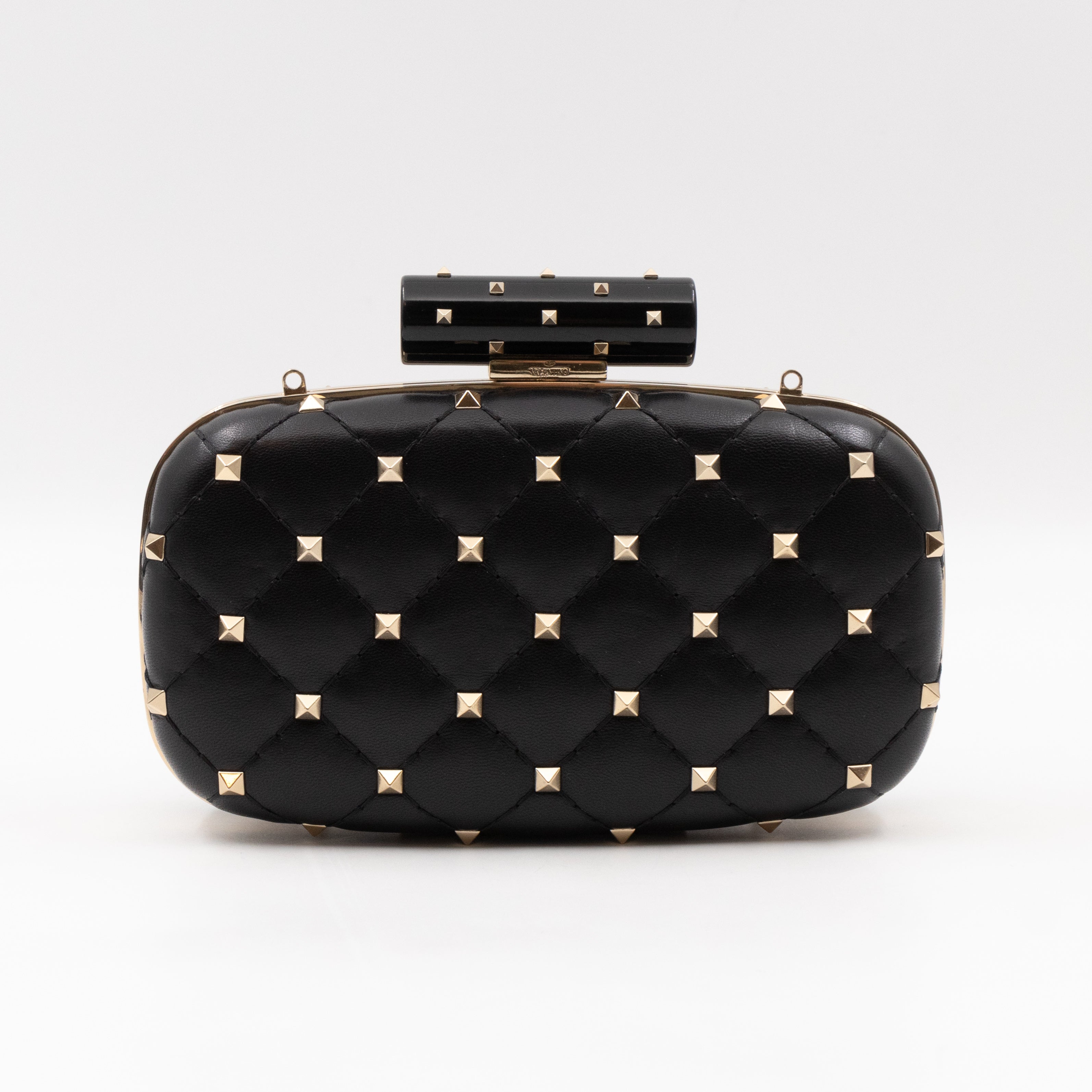 Rockstud Spike Minaudiere Chain Clutch Black Leather
