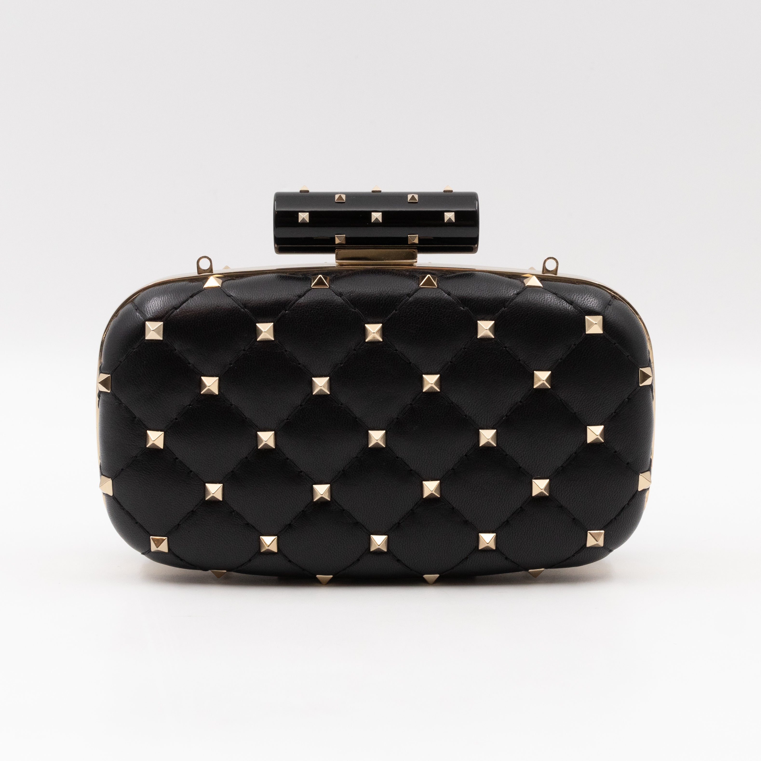 Rockstud Spike Minaudiere Chain Clutch Black Leather