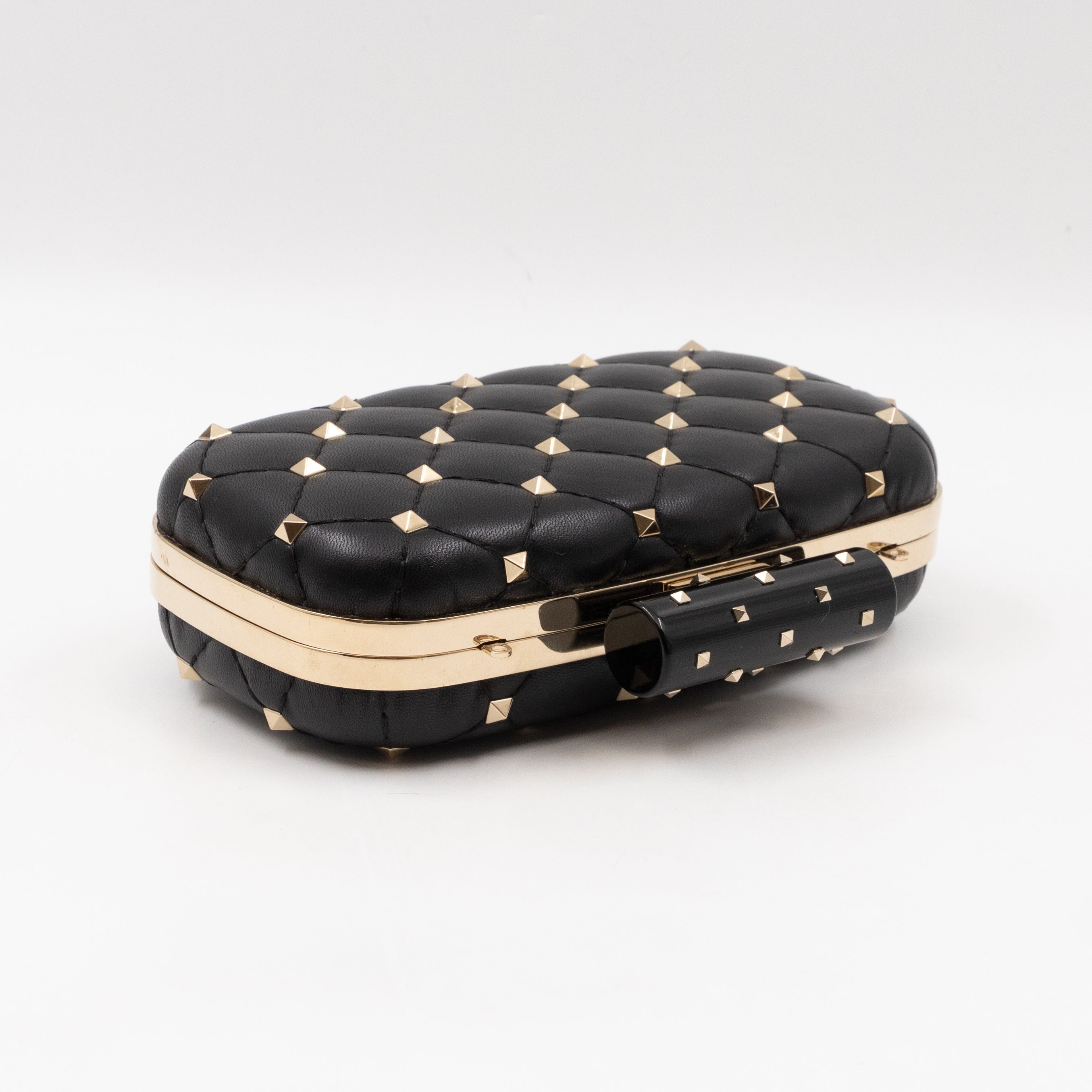 Rockstud Spike Minaudiere Chain Clutch Black Leather