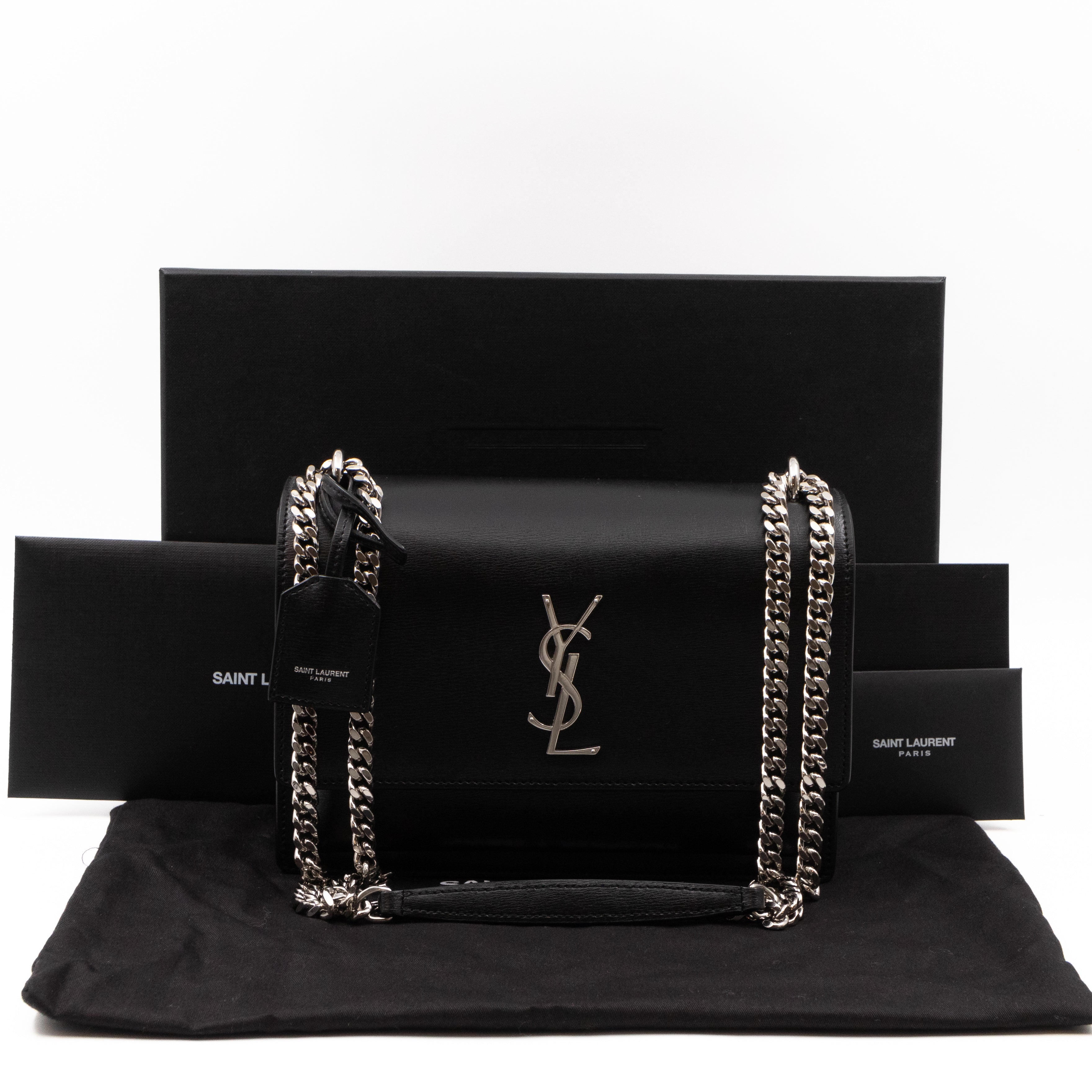 Saint Laurent YSL Sunset Medium Black Smooth Leather Silver