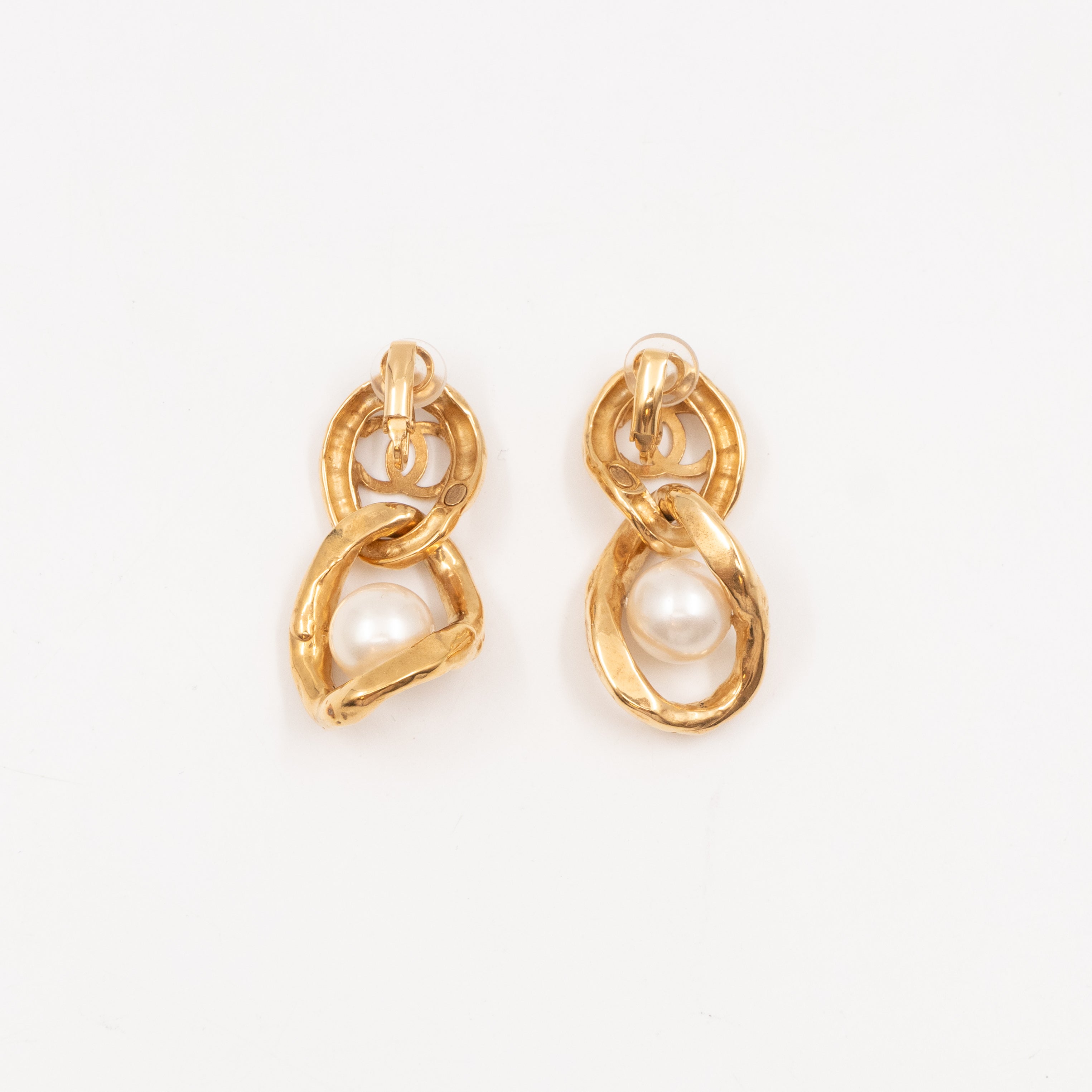 CC Logo & Pearl Dangle Clip Earrings Gold