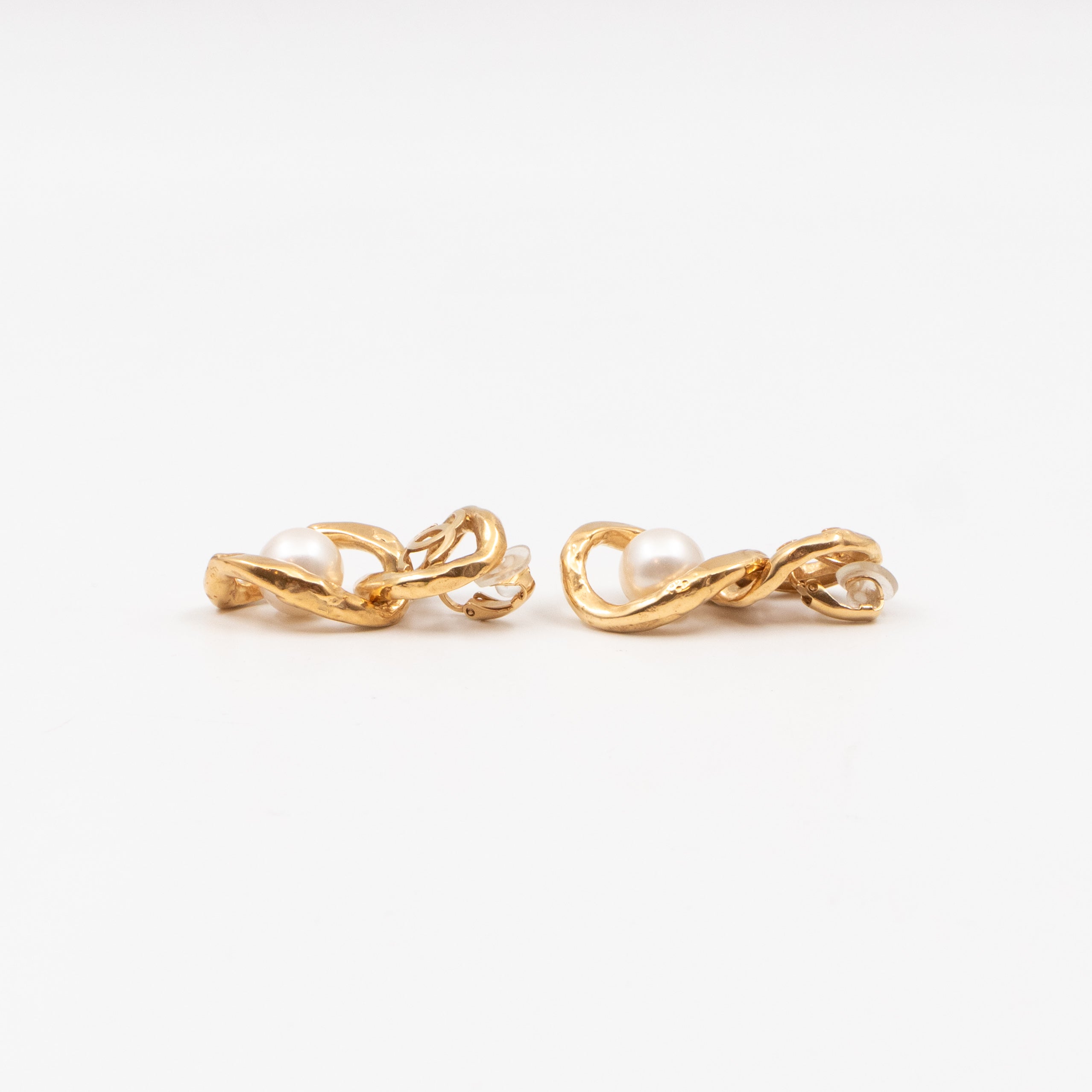 CC Logo & Pearl Dangle Clip Earrings Gold