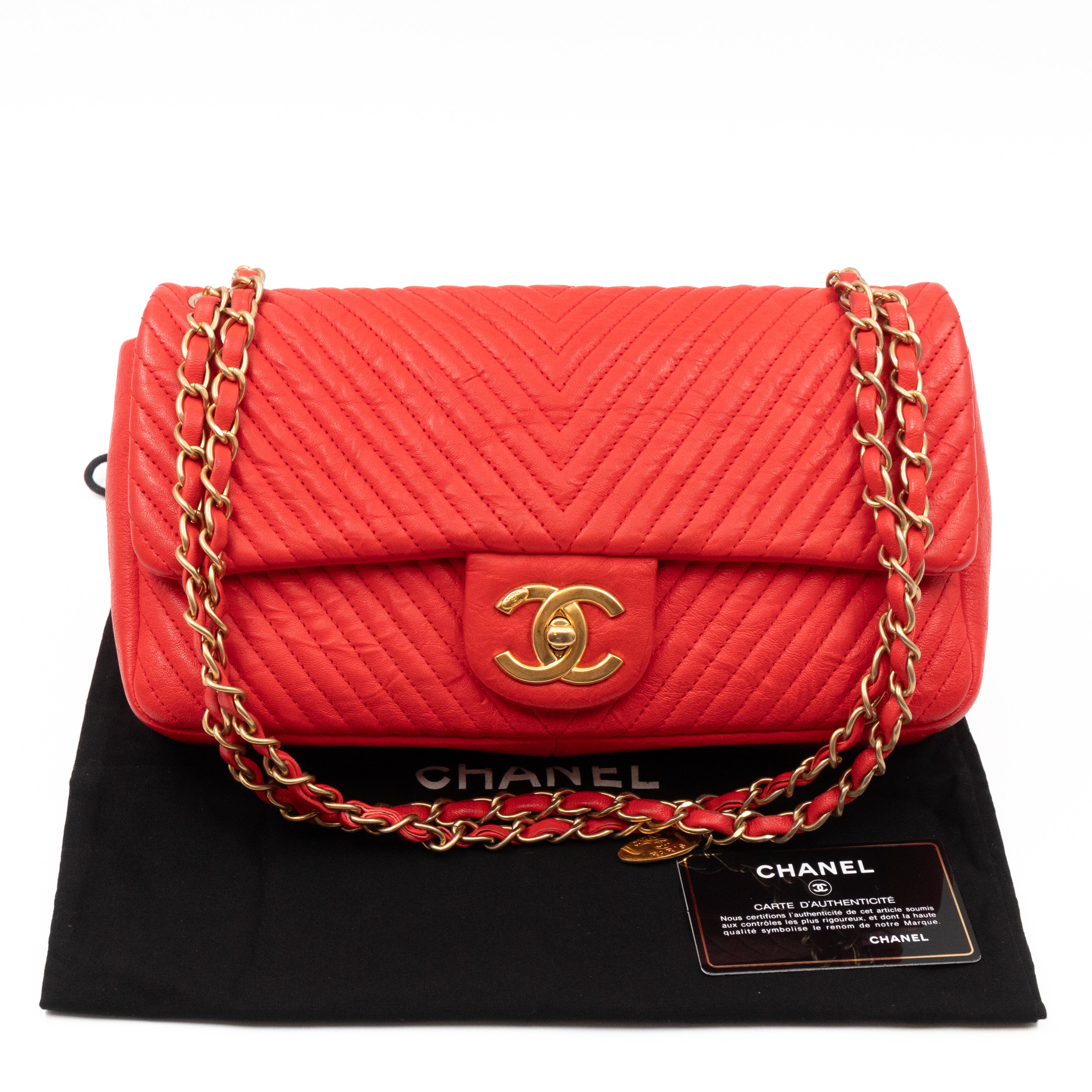 Medallion Charm Flap Bag Medium Red Chevron Calfskin Leather