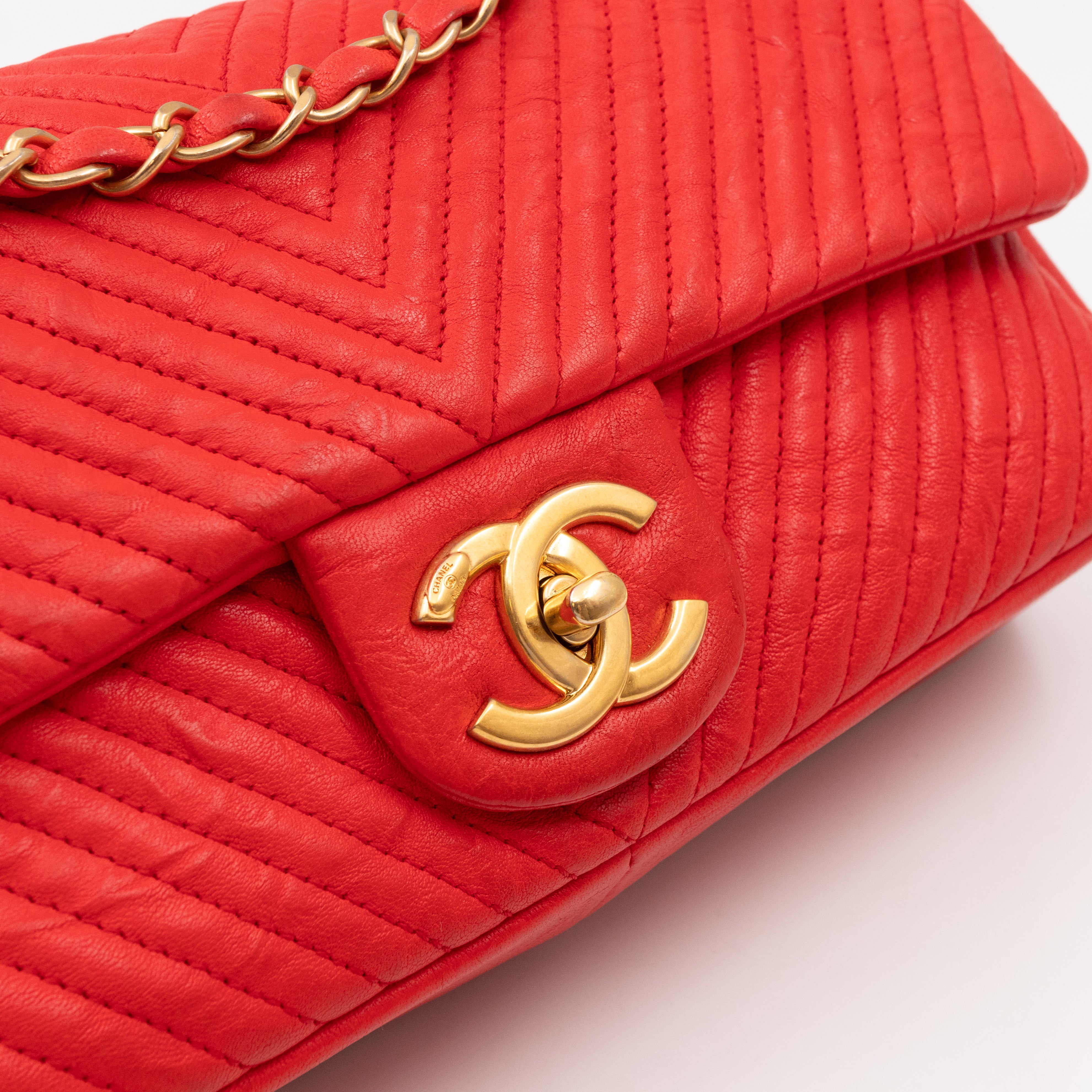 Medallion Charm Flap Bag Medium Red Chevron Calfskin Leather