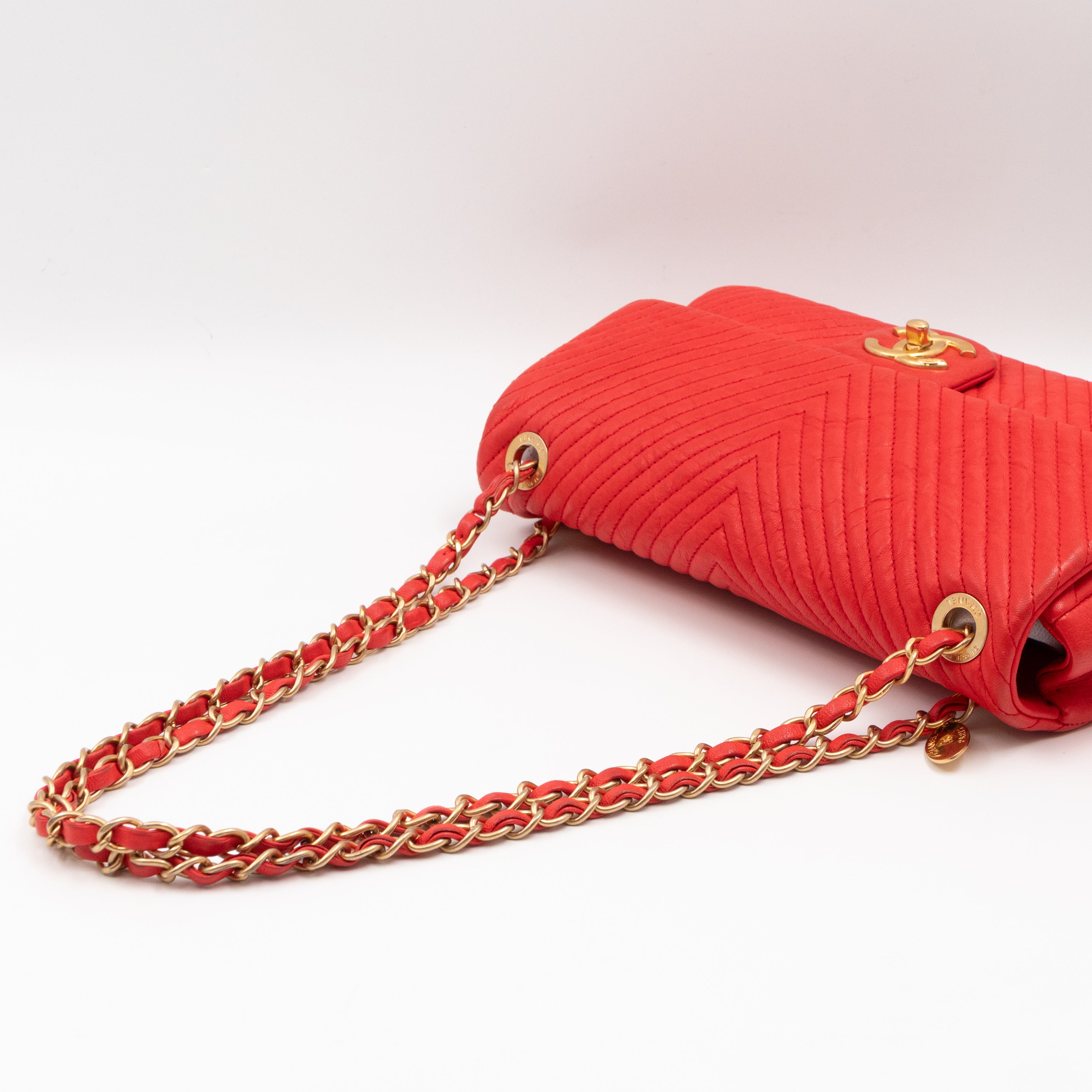 Medallion Charm Flap Bag Medium Red Chevron Calfskin Leather