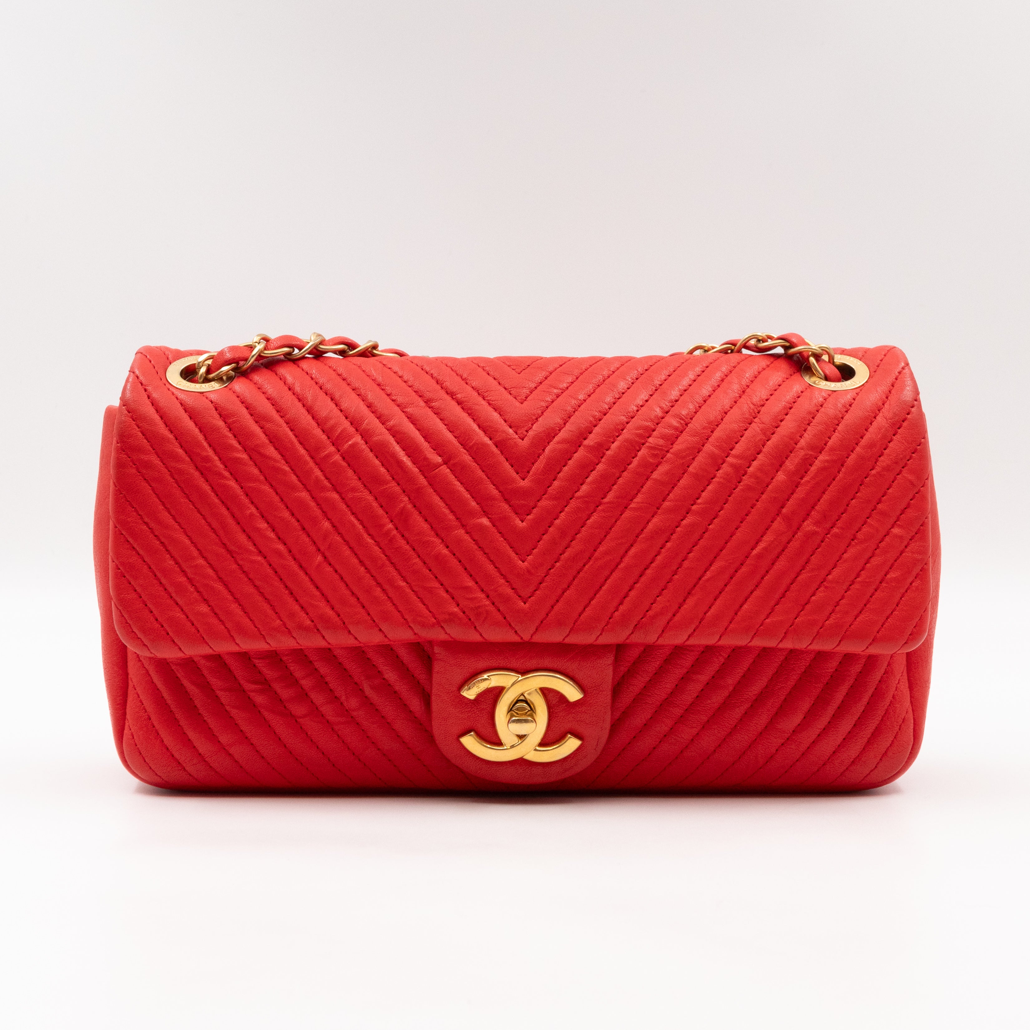 Medallion Charm Flap Bag Medium Red Chevron Calfskin Leather