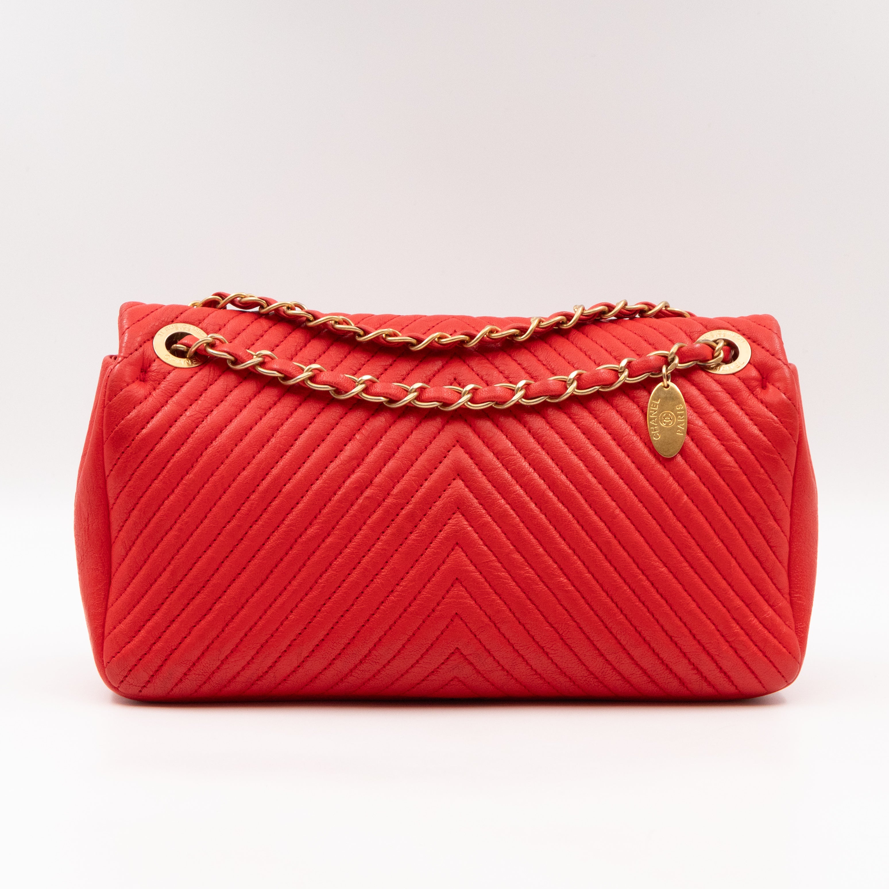 Medallion Charm Flap Bag Medium Red Chevron Calfskin Leather