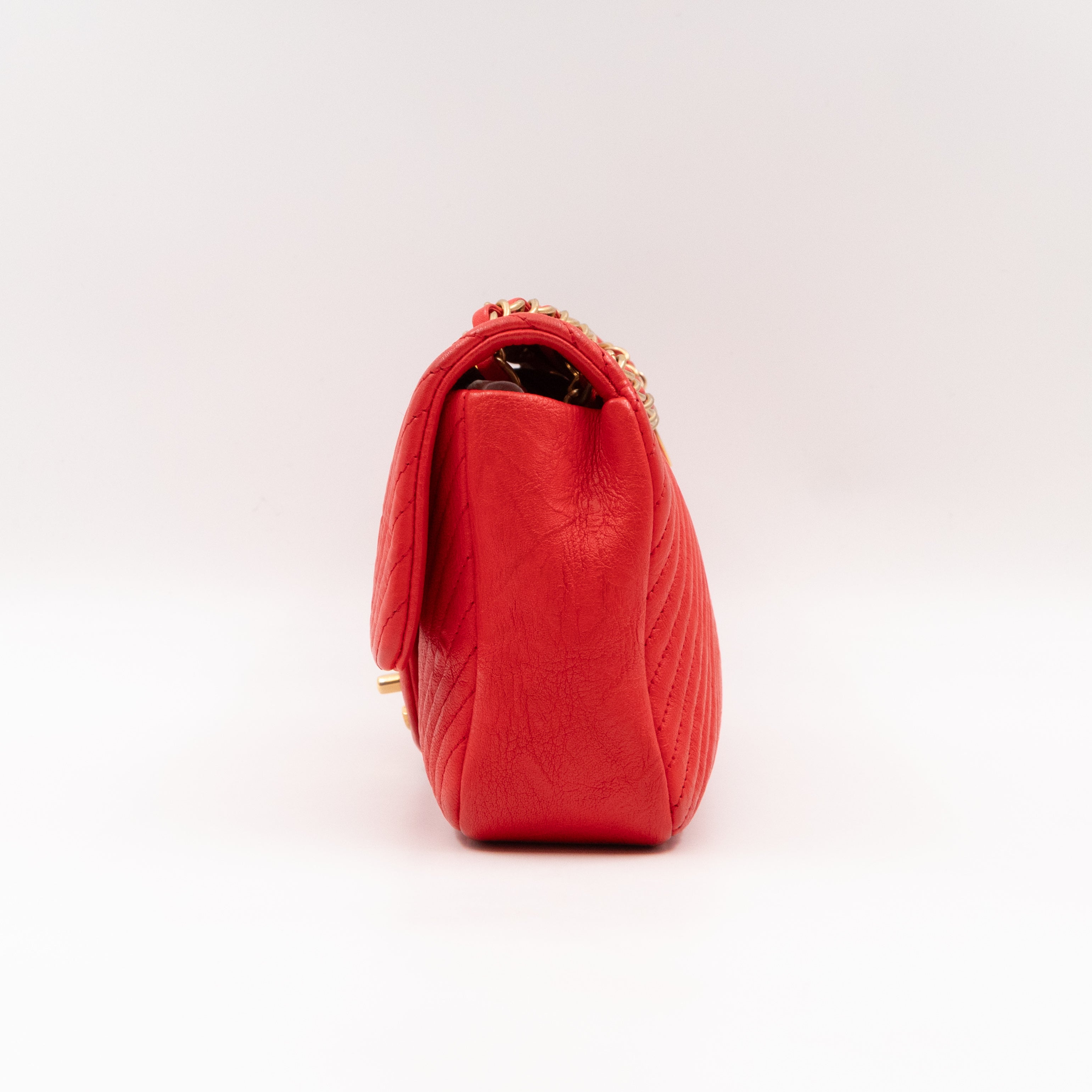 Medallion Charm Flap Bag Medium Red Chevron Calfskin Leather