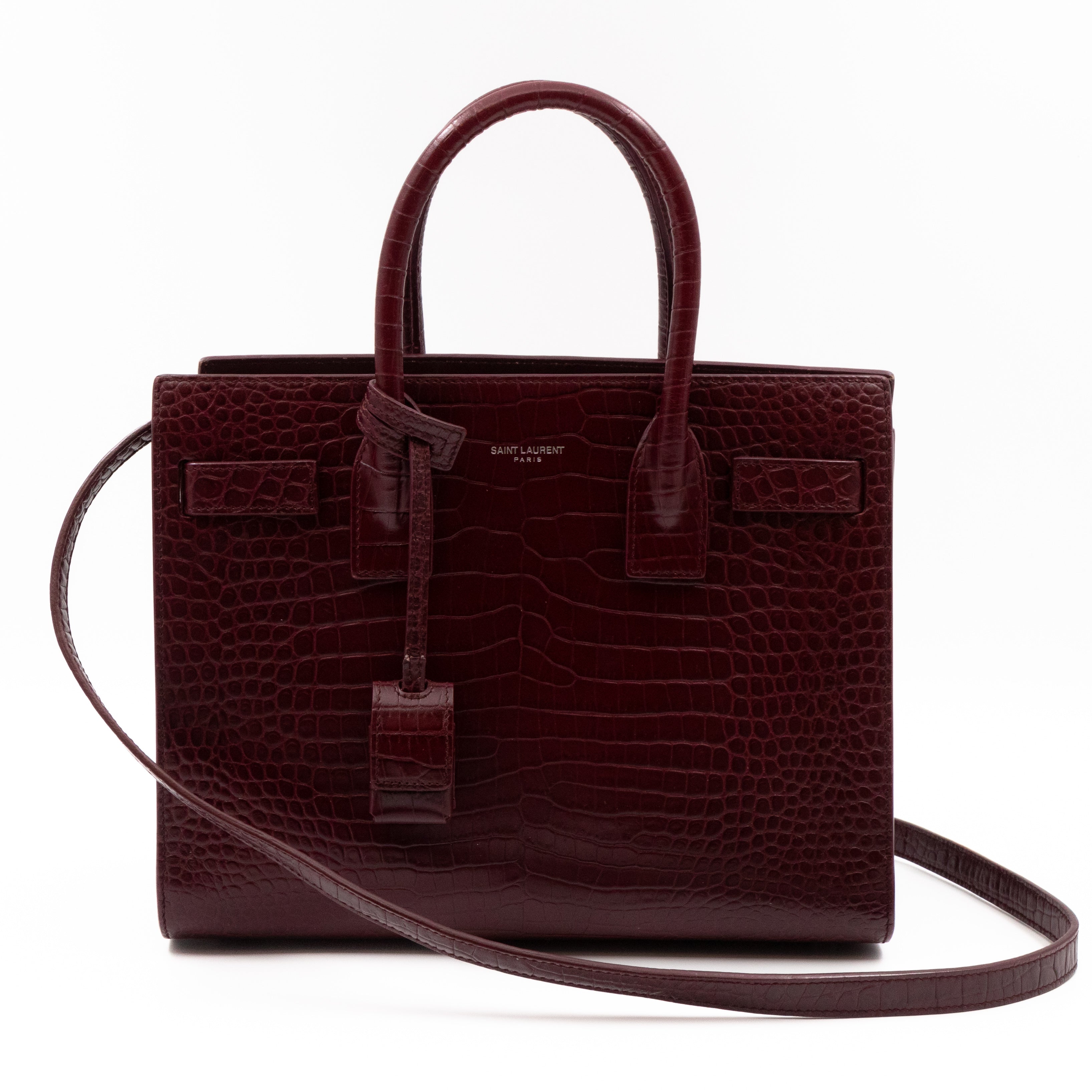 Saint Laurent YSL Sac de Jour Baby Croc Burgundy Embossed Leather