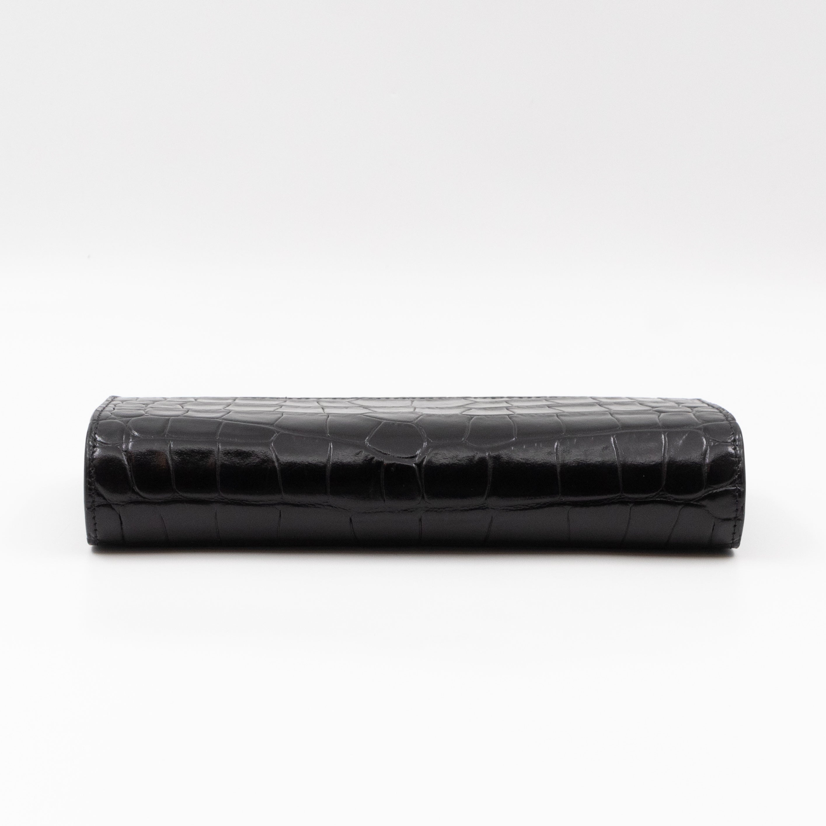 Flap Wallet Large Black Croc Embossed Leather