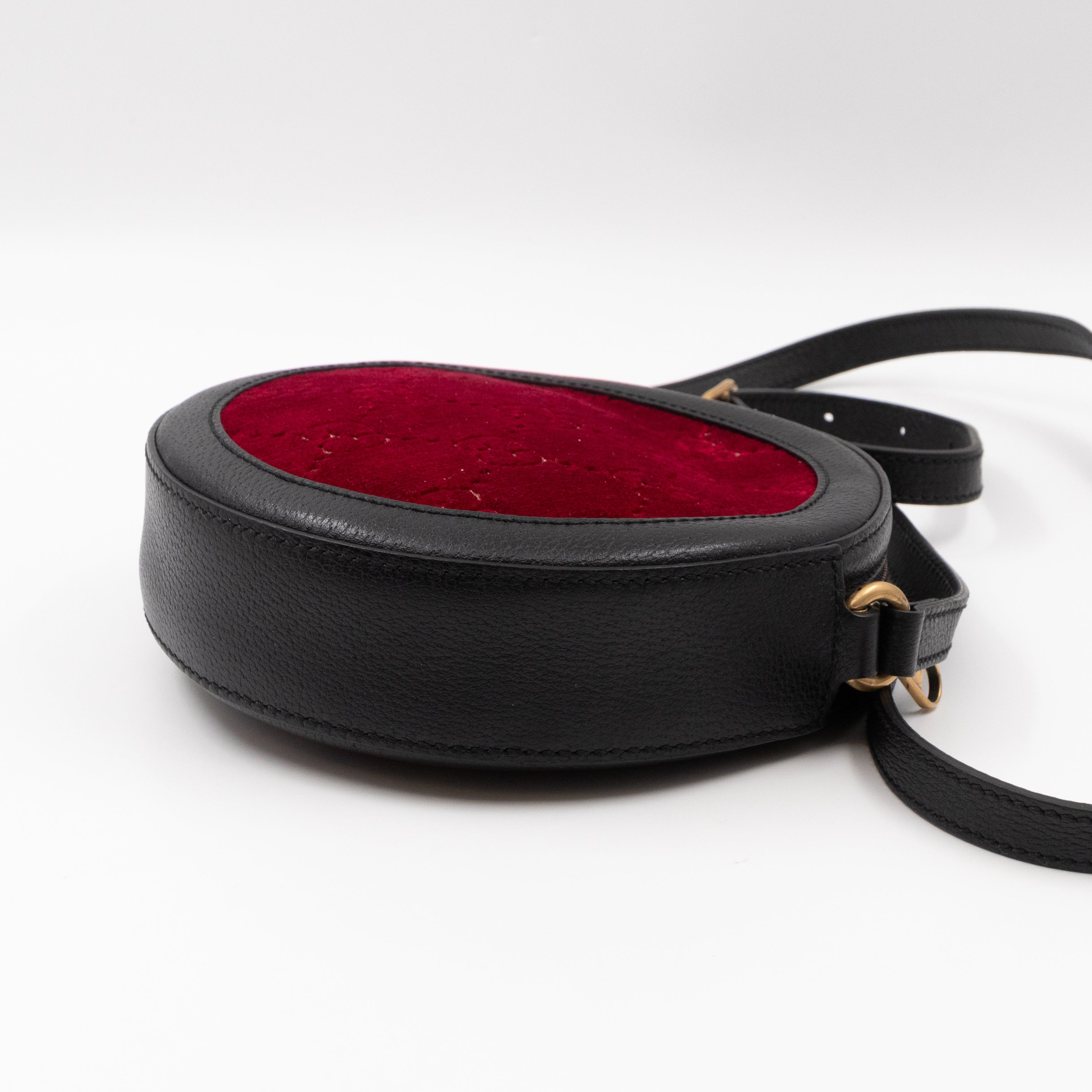 Round Crossbody Bag GG Red Velvet Black Calfskin Leather