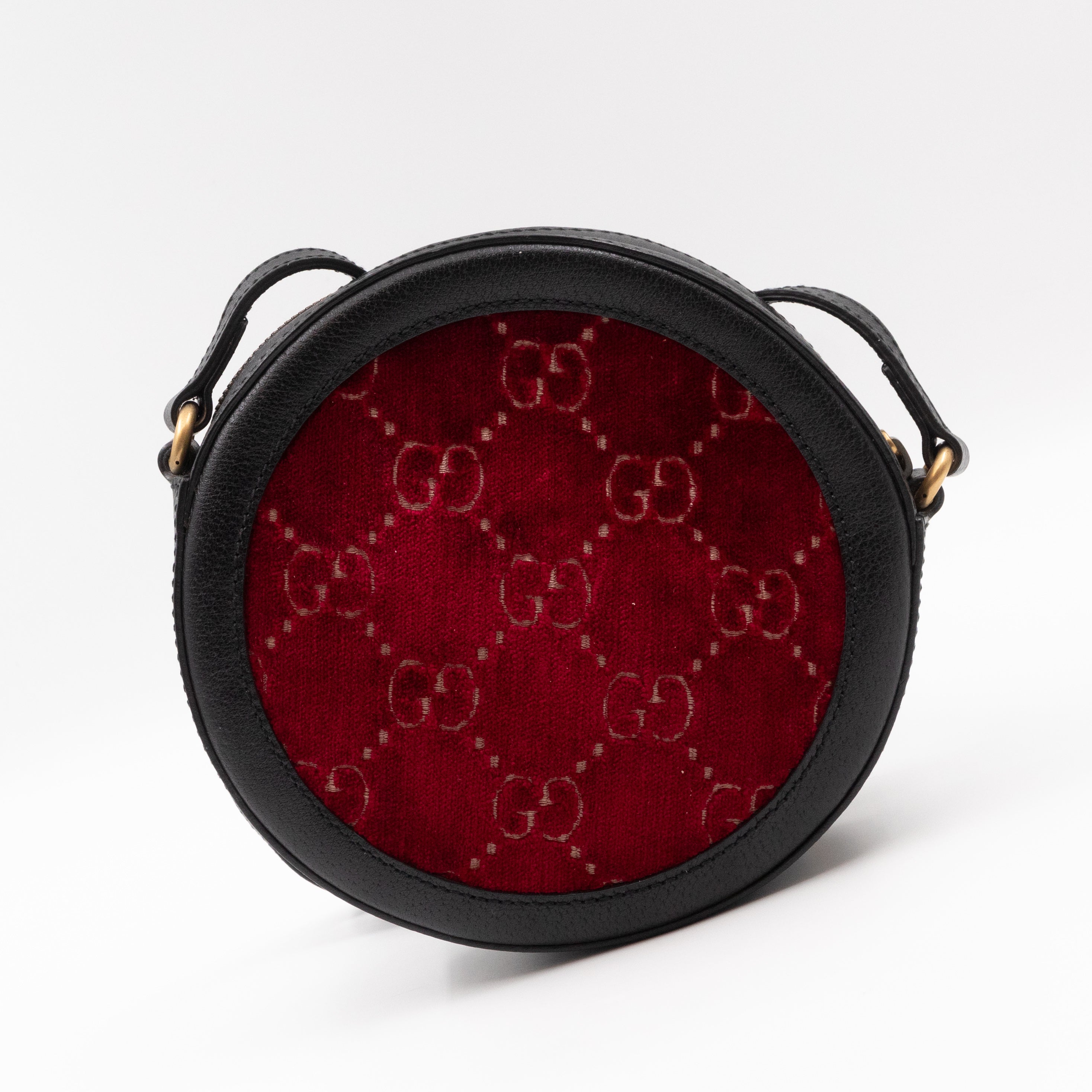Round Crossbody Bag GG Red Velvet Black Calfskin Leather