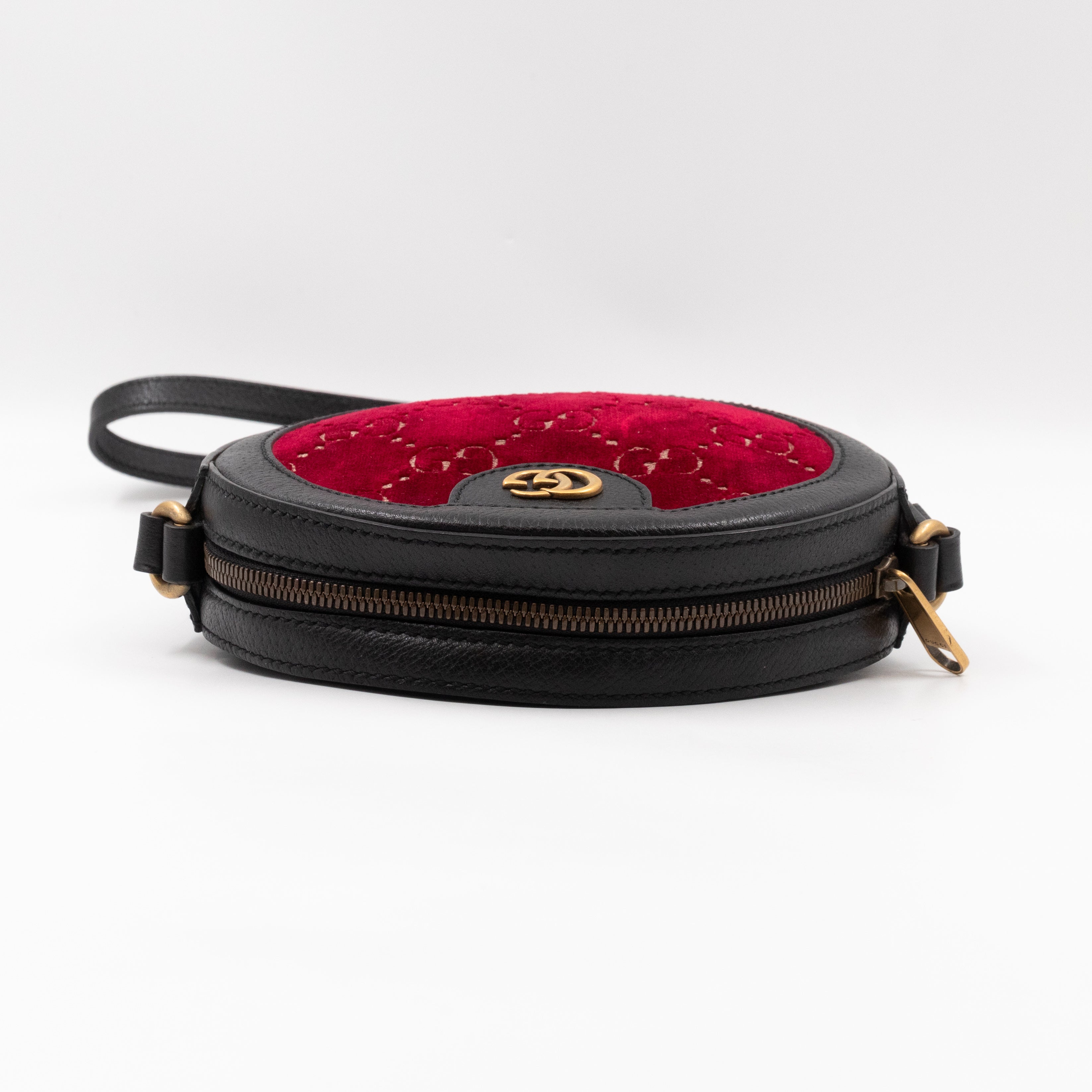 Round Crossbody Bag GG Red Velvet Black Calfskin Leather