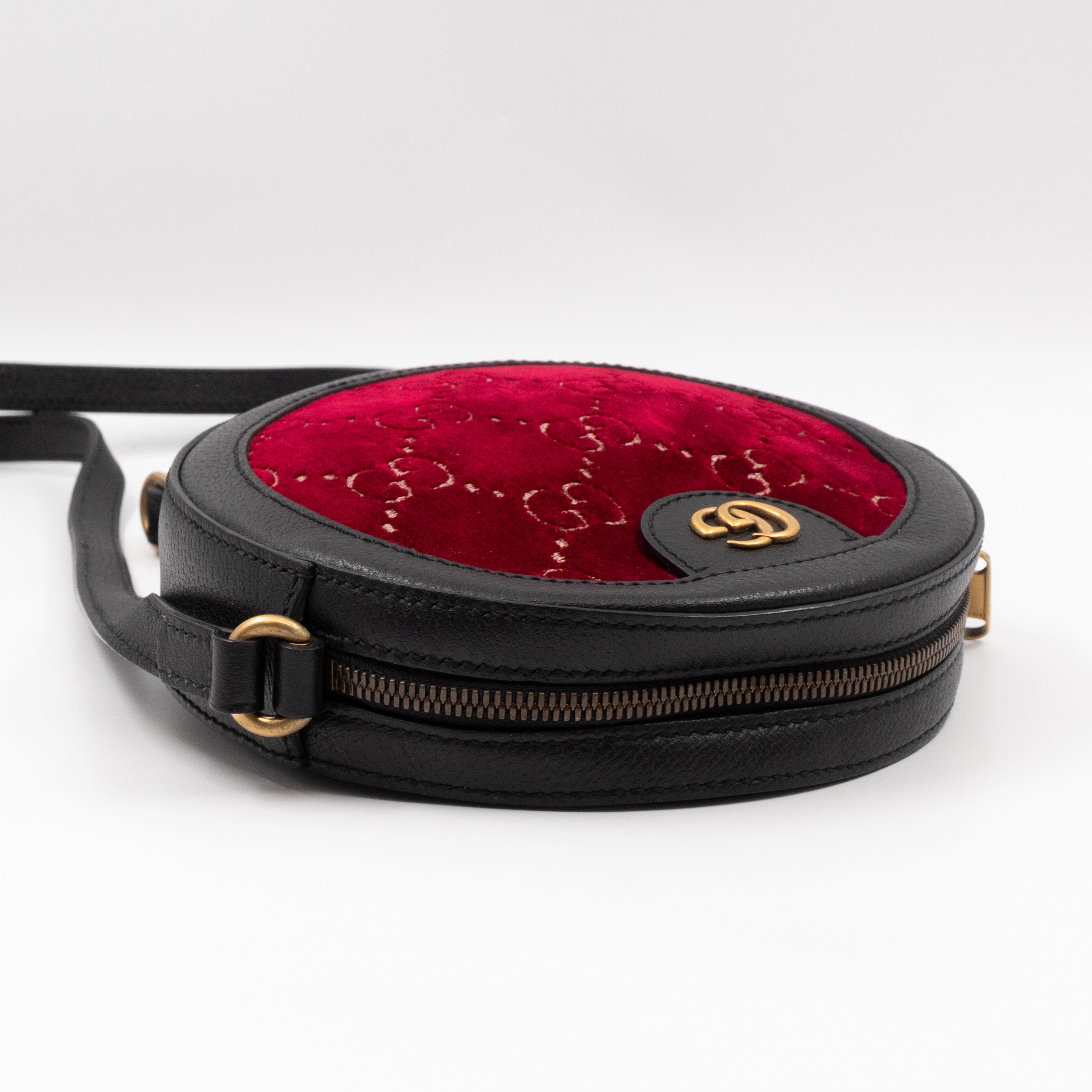Round Crossbody Bag GG Red Velvet Black Calfskin Leather