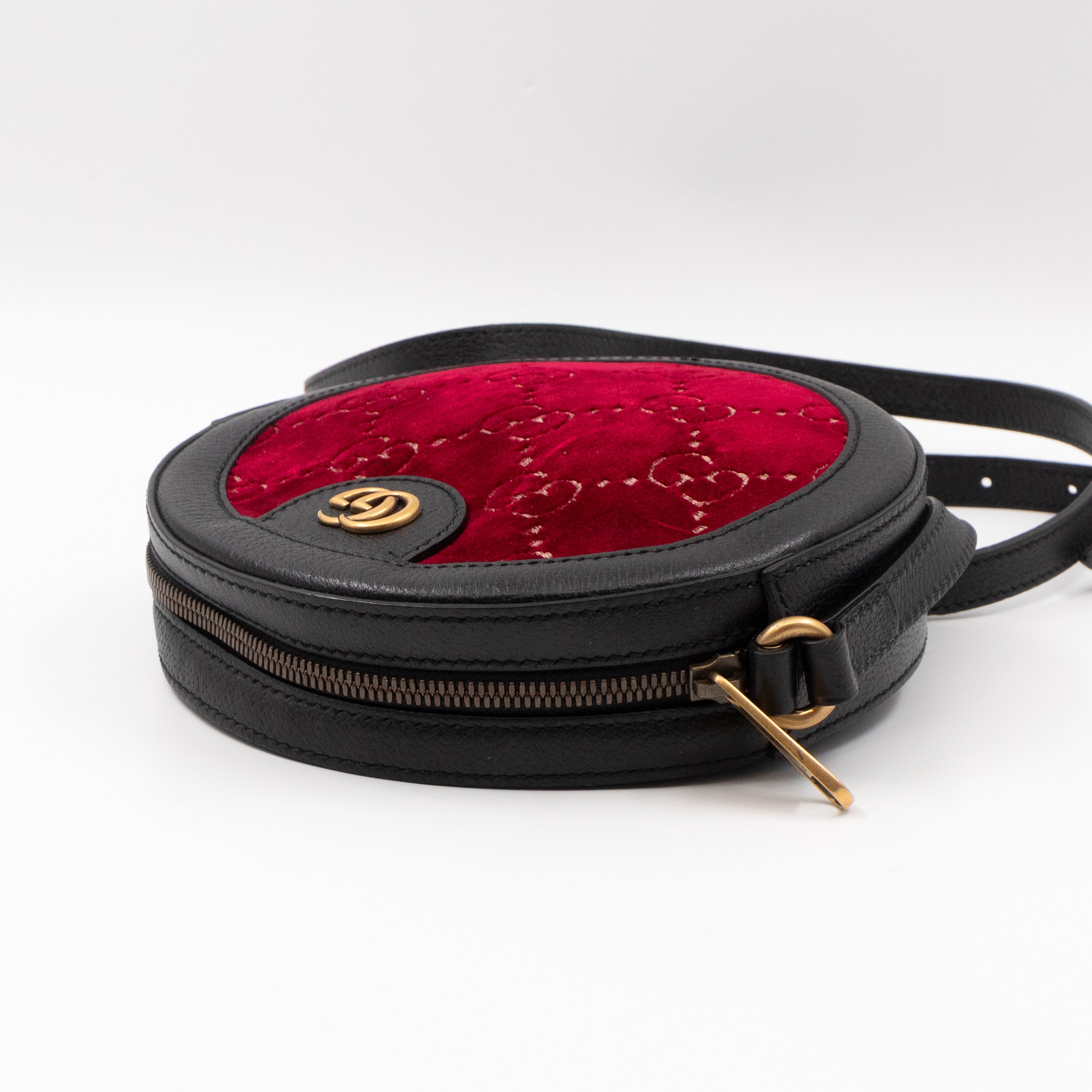 Round Crossbody Bag GG Red Velvet Black Calfskin Leather