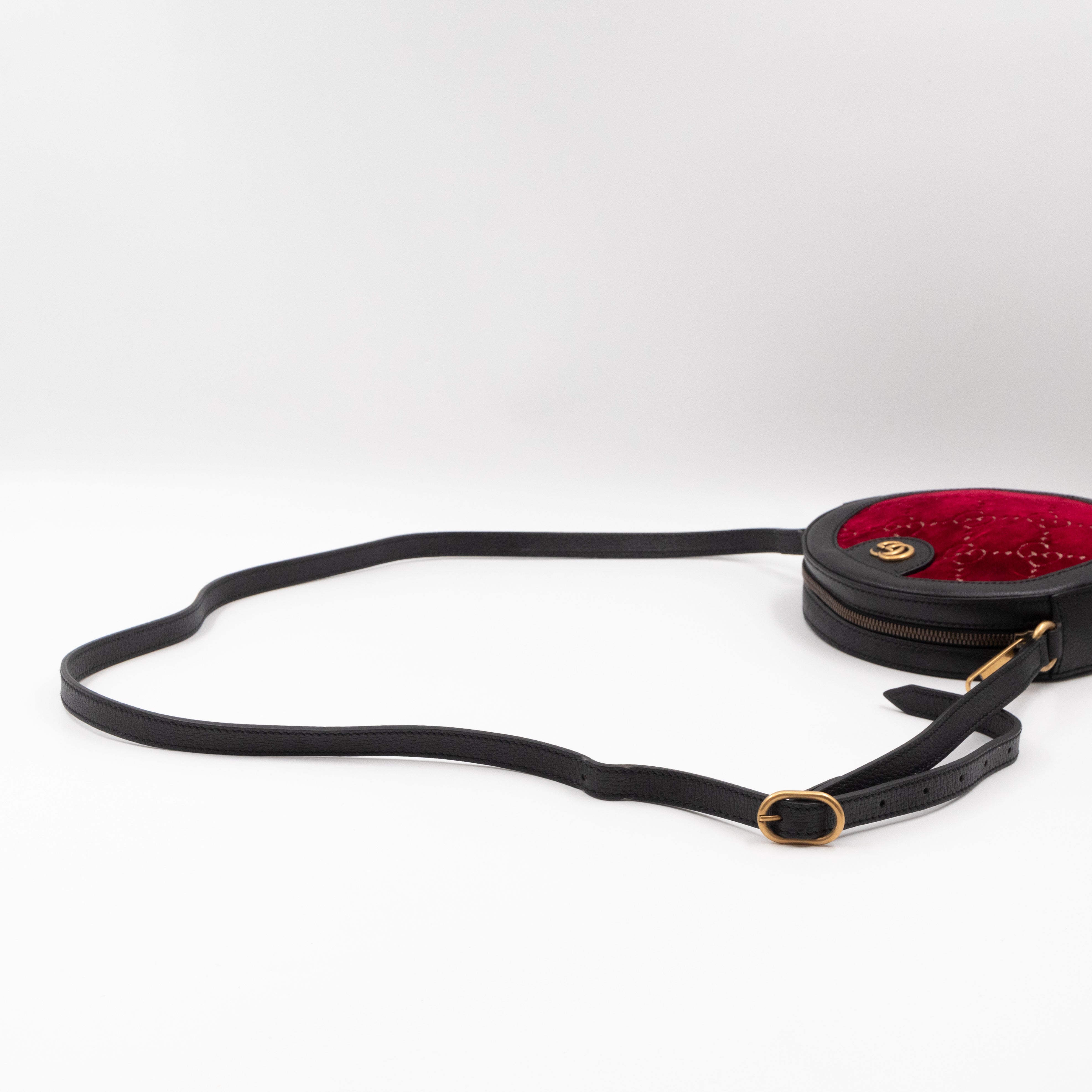 Round Crossbody Bag GG Red Velvet Black Calfskin Leather