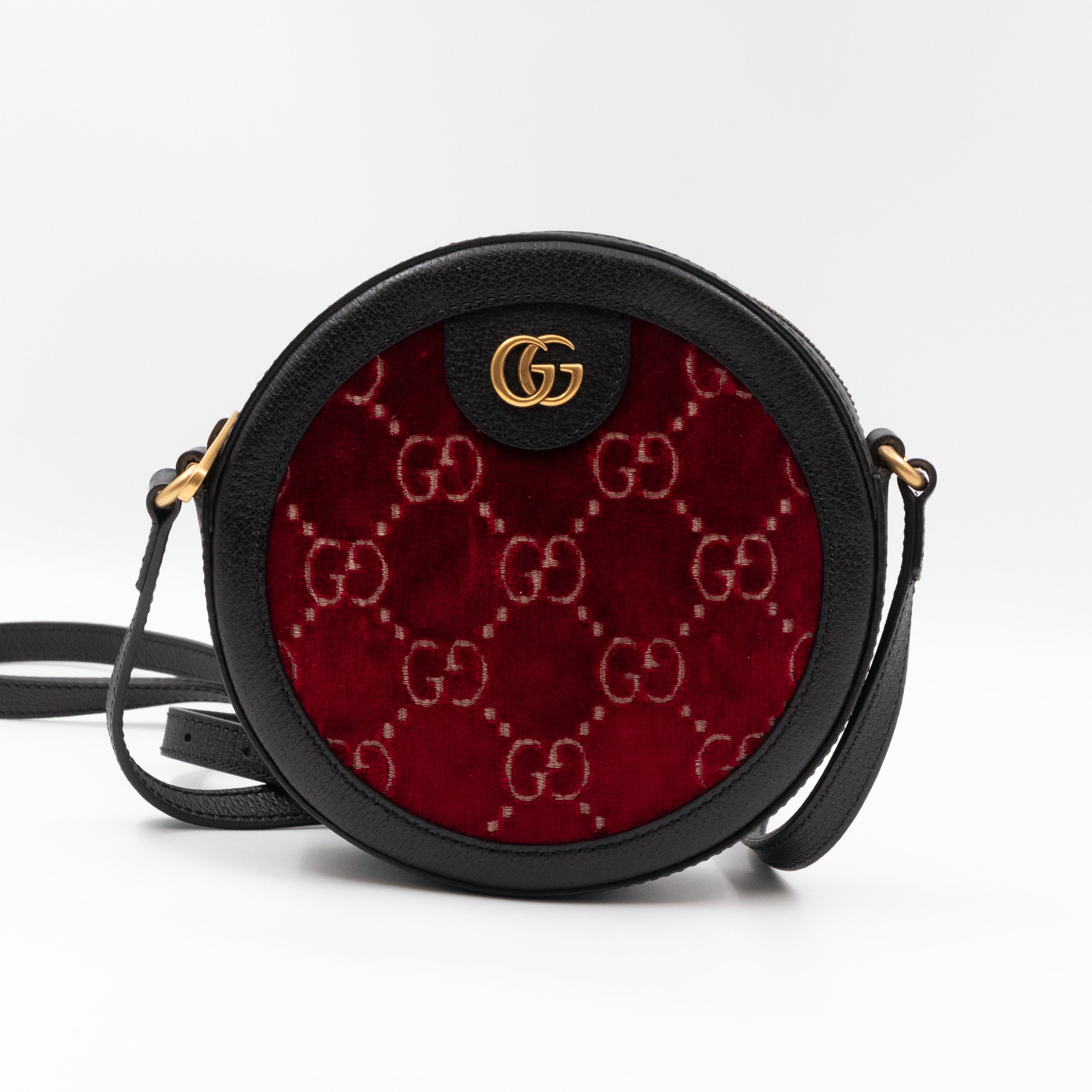 Round Crossbody Bag GG Red Velvet Black Calfskin Leather