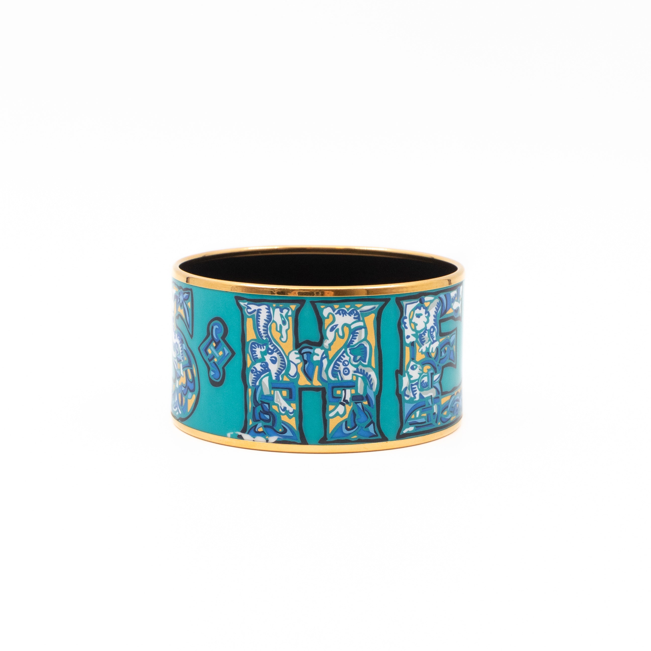 Alphabet Russe Enamel Extra Wide Bracelet Turquoise Bleu Kaki