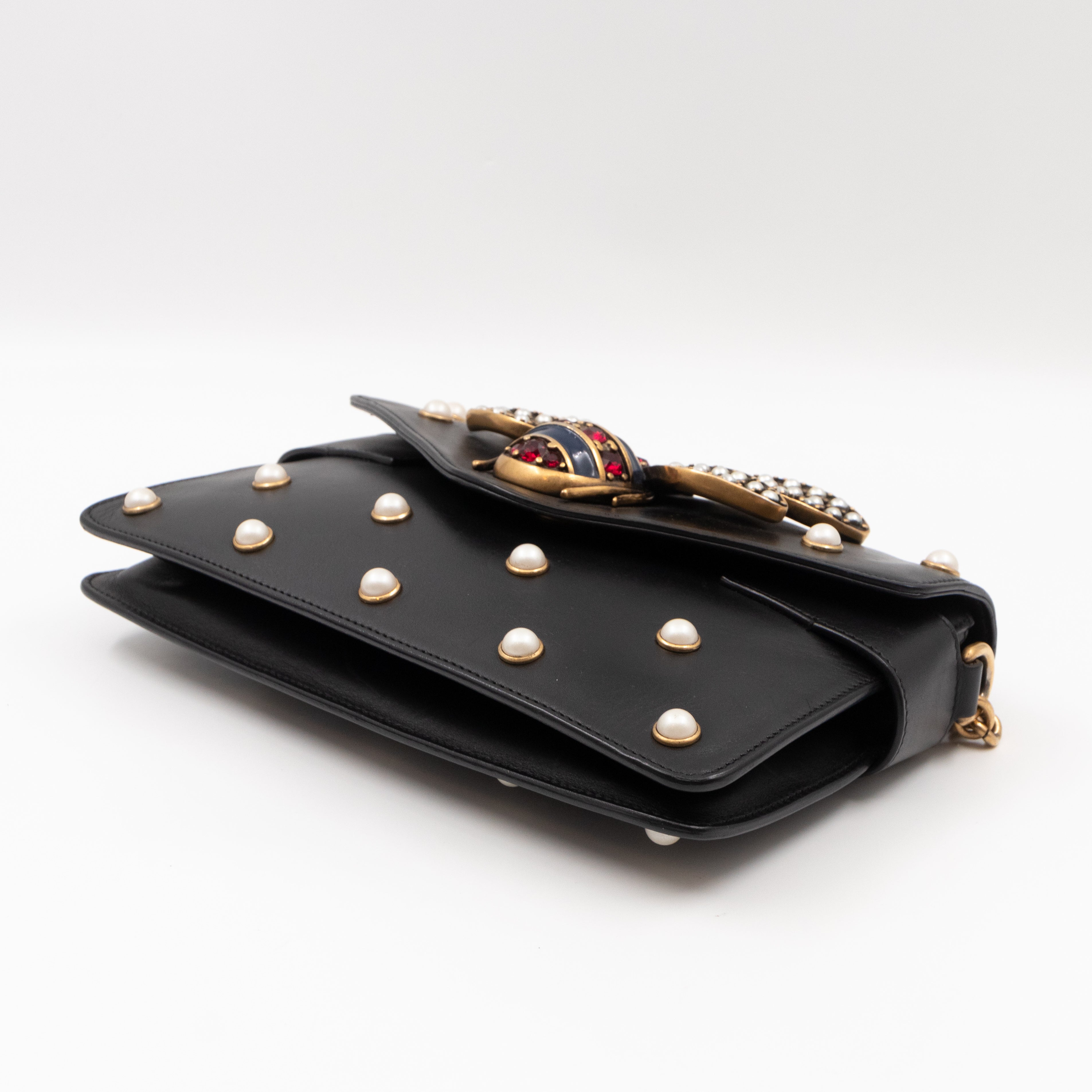 Broadway Pearl Studded Mini Queen Margaret Bee Bag Black Nappa Leather