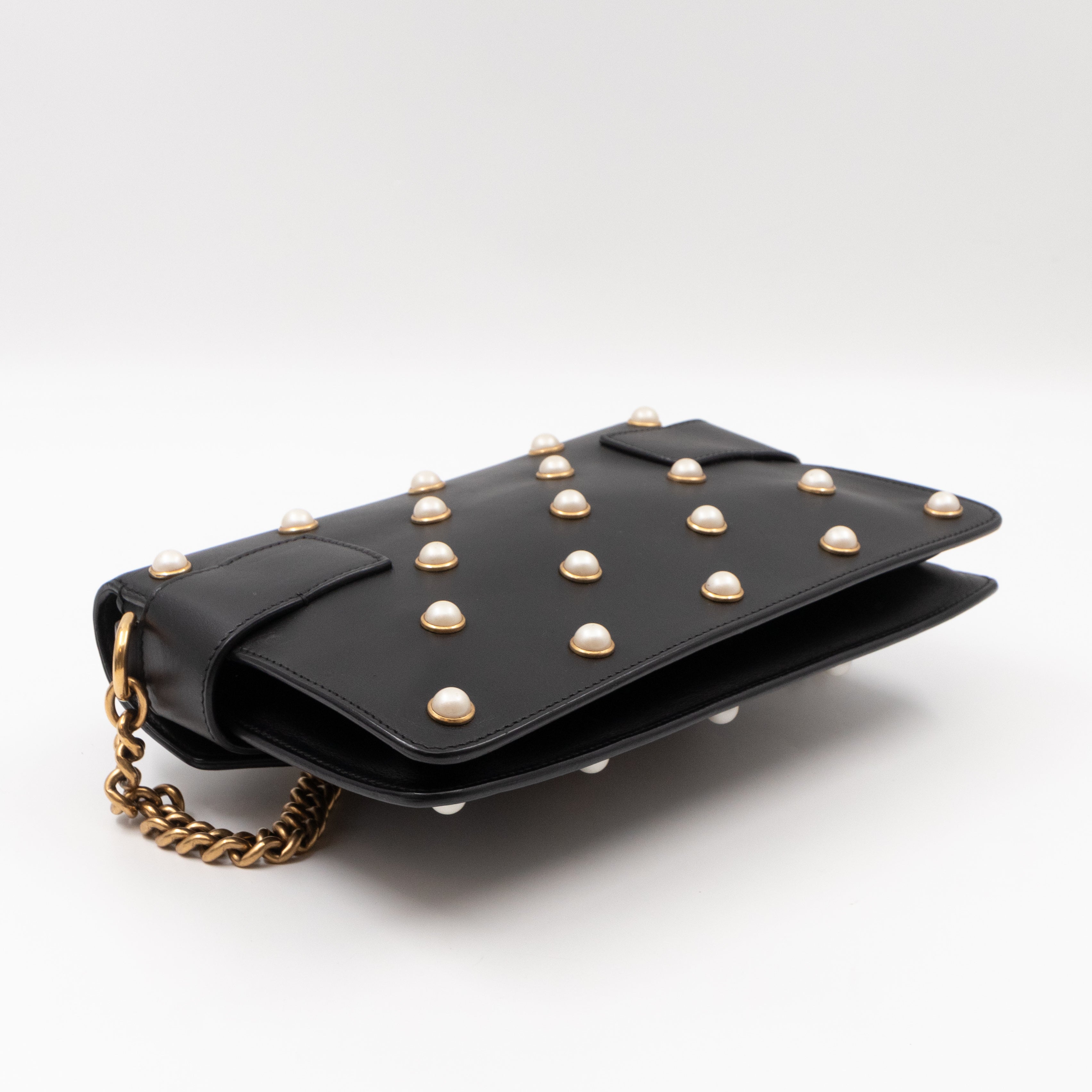 Broadway Pearl Studded Mini Queen Margaret Bee Bag Black Nappa Leather