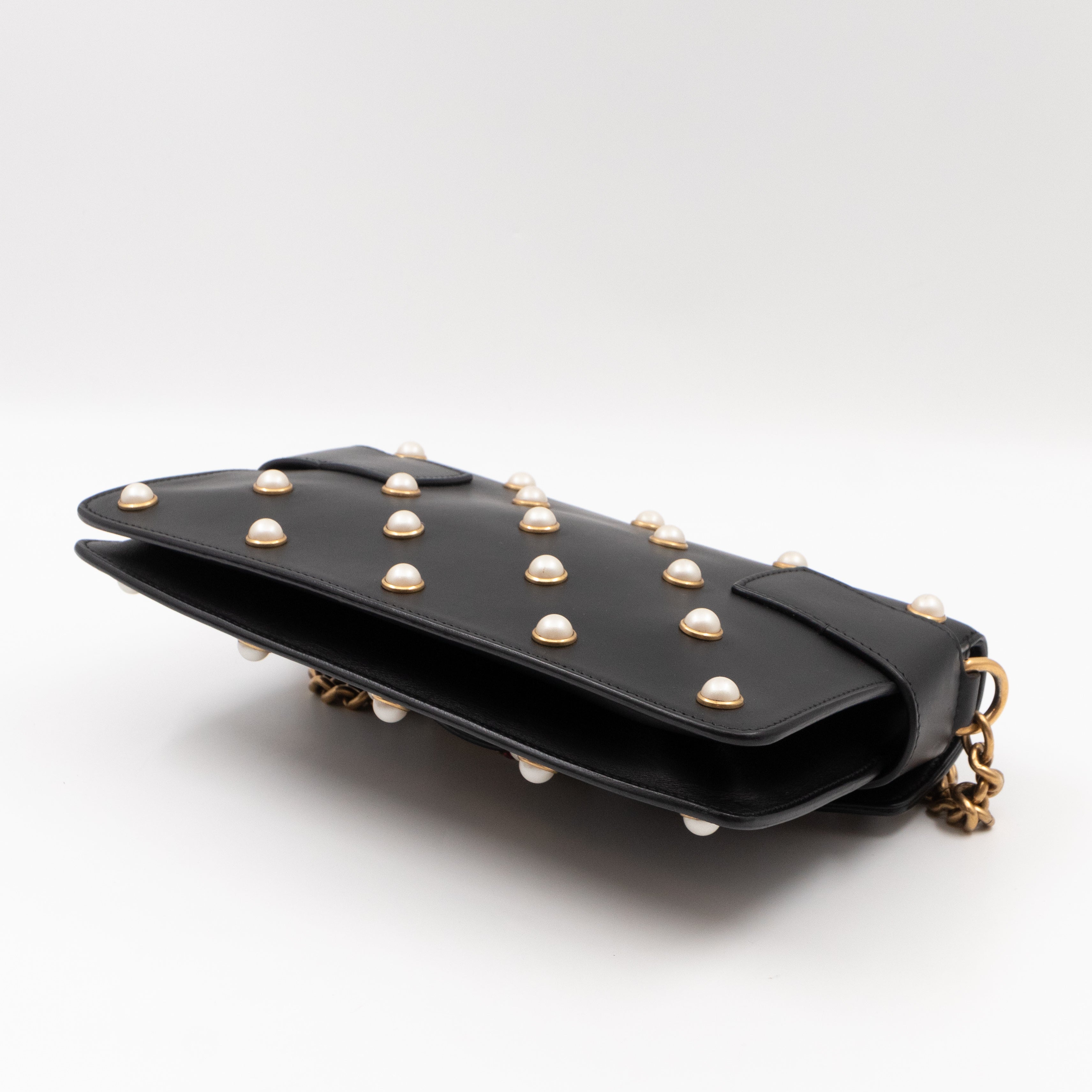 Broadway Pearl Studded Mini Queen Margaret Bee Bag Black Nappa Leather