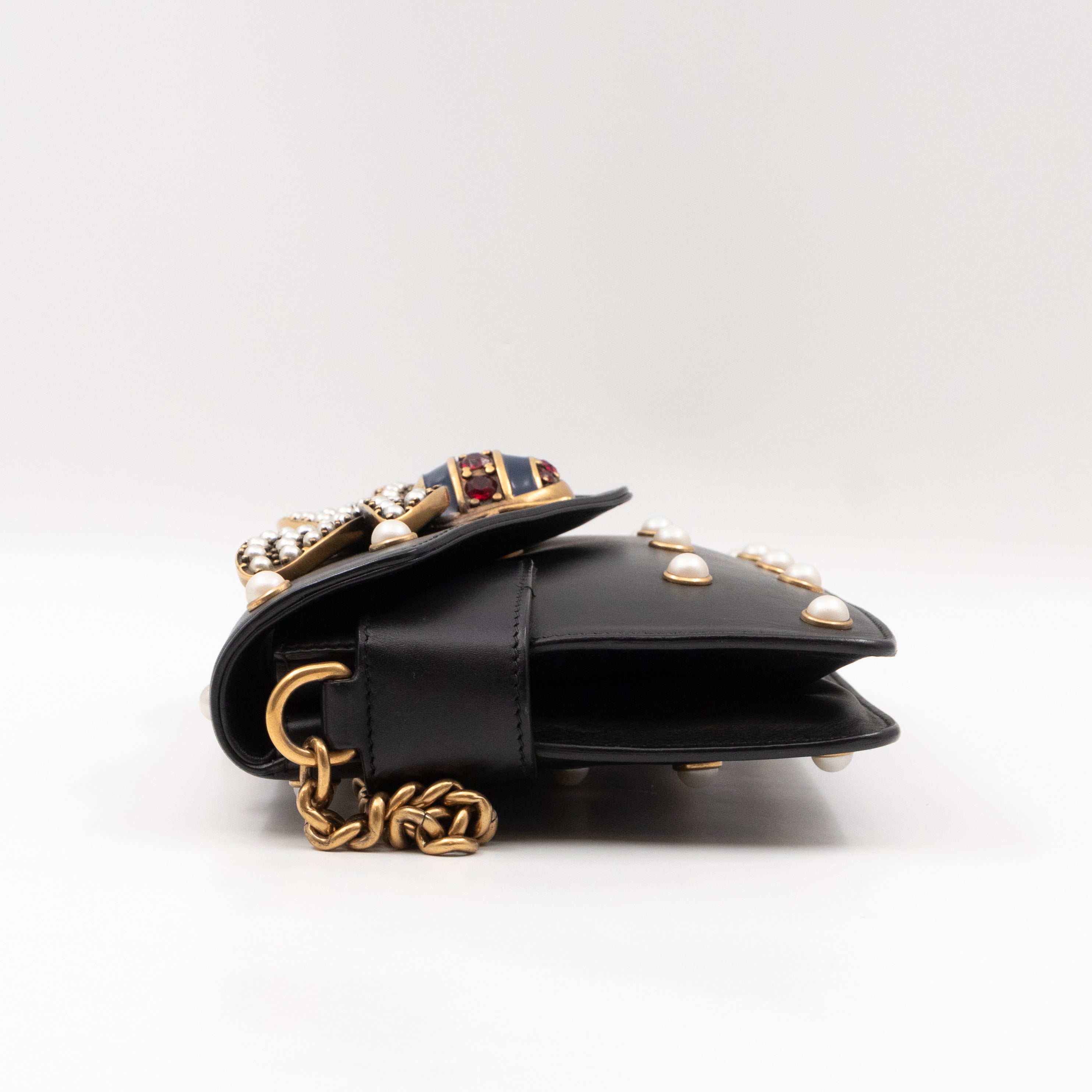 Broadway Pearl Studded Mini Queen Margaret Bee Bag Black Nappa Leather