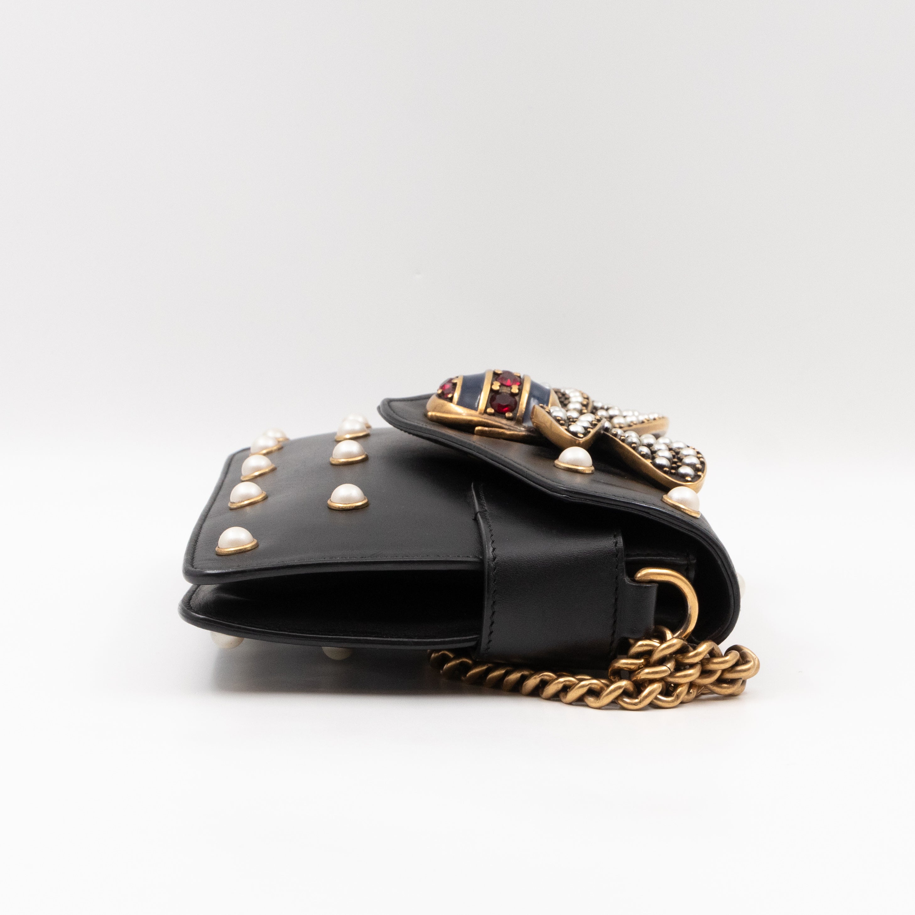Broadway Pearl Studded Mini Queen Margaret Bee Bag Black Nappa Leather