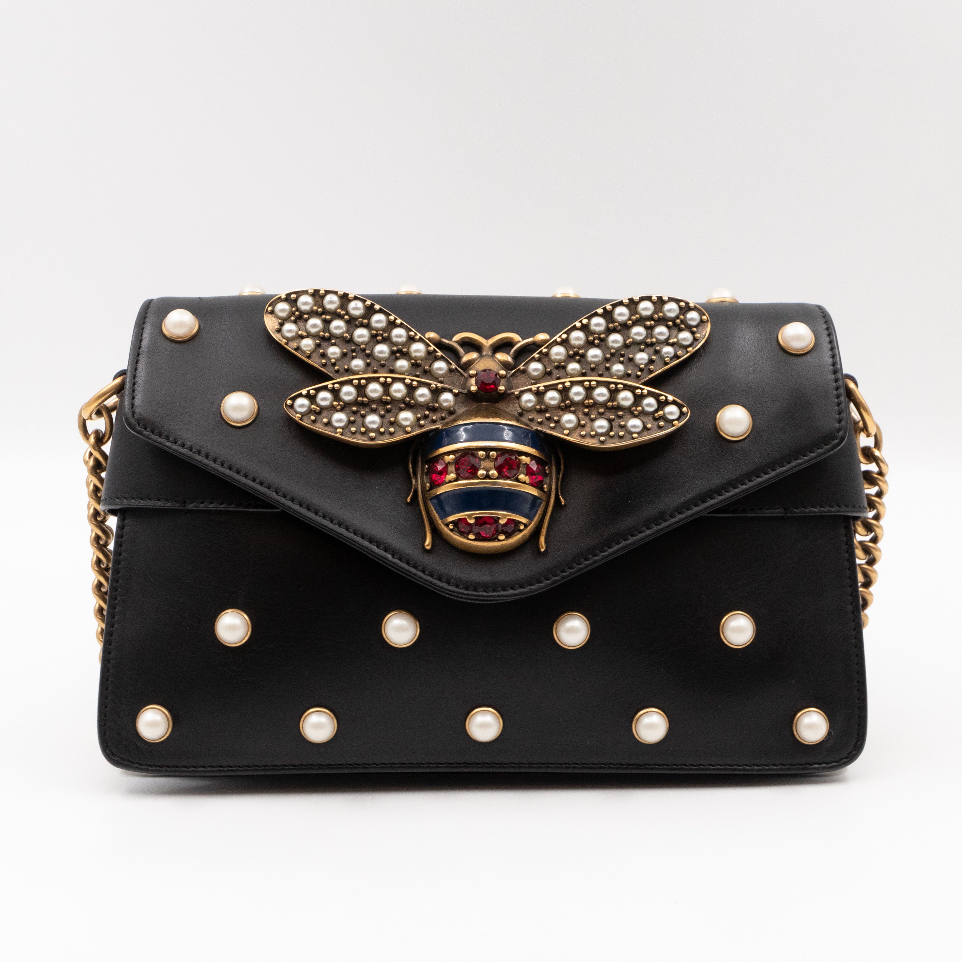 Broadway Pearl Studded Mini Queen Margaret Bee Bag Black Nappa Leather