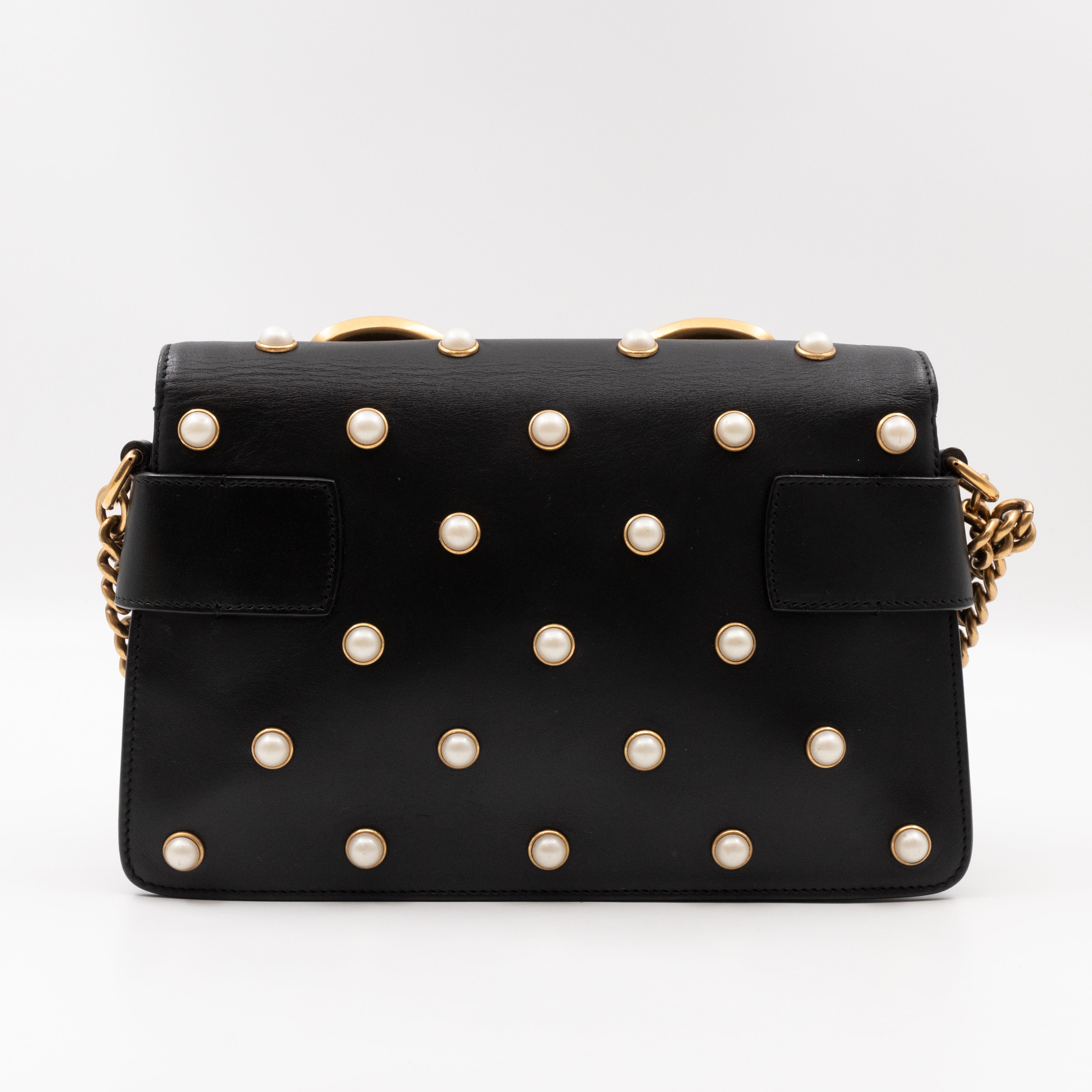 Broadway Pearl Studded Mini Queen Margaret Bee Bag Black Nappa Leather