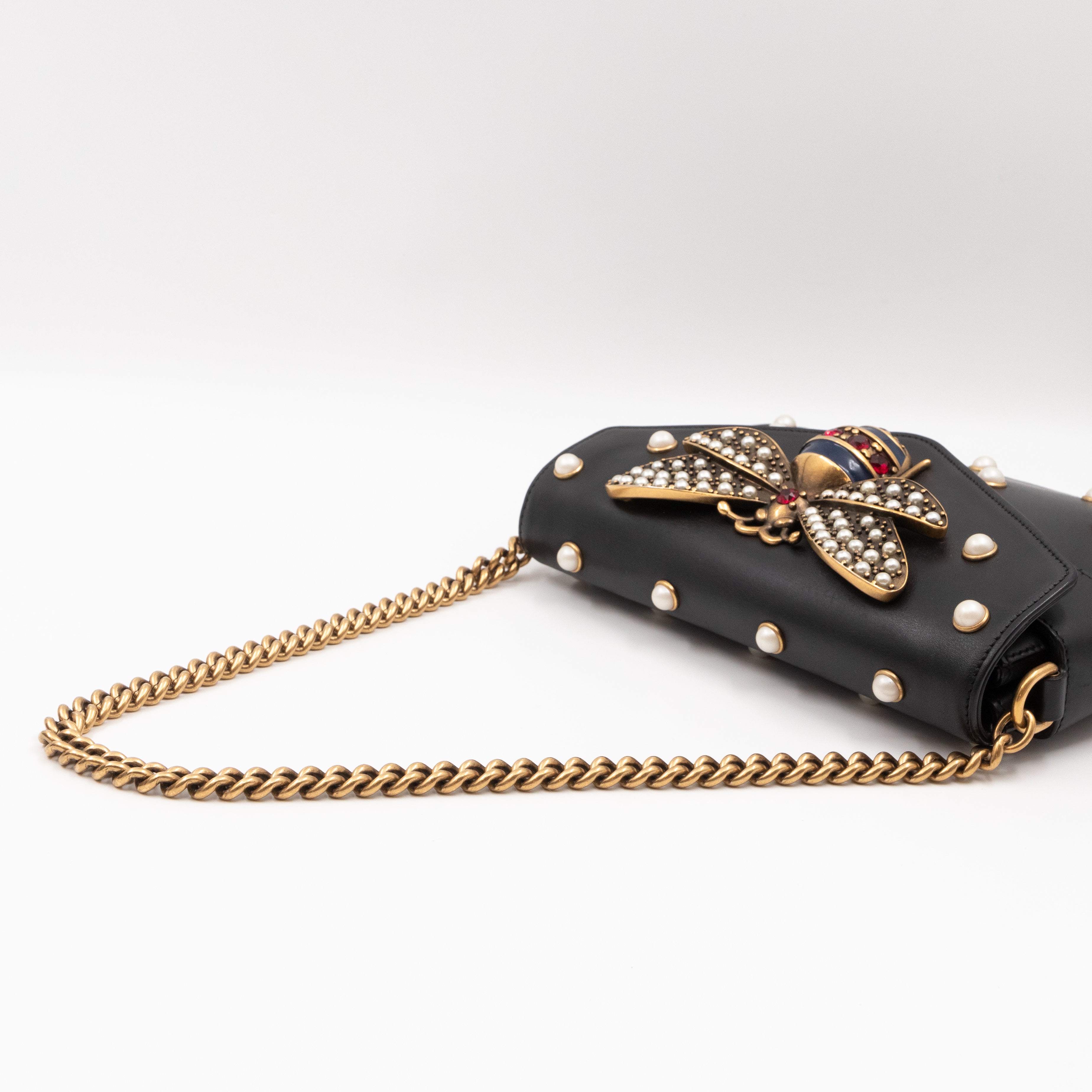 Broadway Pearl Studded Mini Queen Margaret Bee Bag Black Nappa Leather